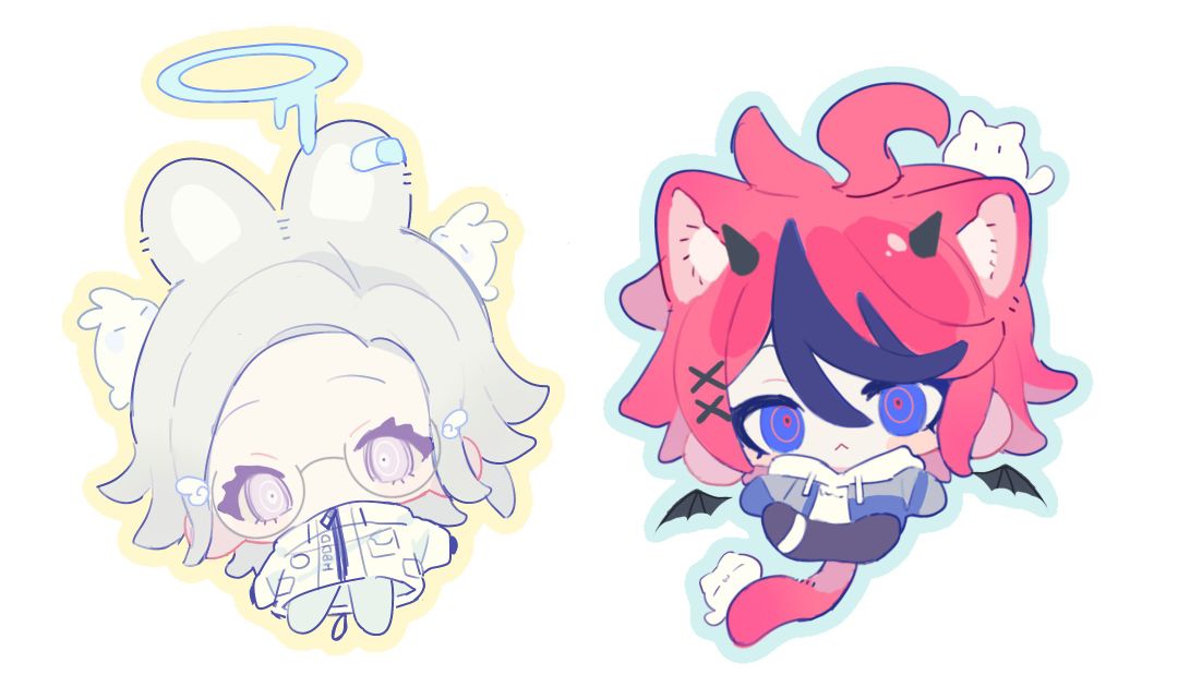 aotsuki eito, sumino takumi, the hundred line -last defense academy-, commentary request, 2boys, :<, angel and devil, animal ear fluff, animal ears, bandaid on ear, bat wings, black pants, blue eyes, cat boy, cat ears, cat tail, chibi, chibi only, closed mouth, coat, covered mouth, eyelashes, grey eyes, grey hair, halo, hood, hood down, hooded jacket, jacket, kemonomimi mode, male focus, medium hair, multicolored hair, multiple boys, on head, outstretched arm, pants, parted bangs, parted hair, rabbit ears, red hair, ringed eyes, streaked hair, tail, uu 22233, white background, white coat, wings, zipper pull tab