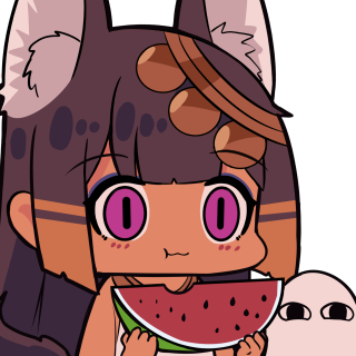 surio, anubis (surio), medjed (surio), original, lowres, protected link, 1girl, animal ears, blunt bangs, brown hair, chibi, closed mouth, dark-skinned female, dark skin, eating, extra ears, food, fruit, holding, holding food, holding fruit, holding watermelon, purple eyes, sidelocks, simple background, solo, transparent background, watermelon, watermelon slice