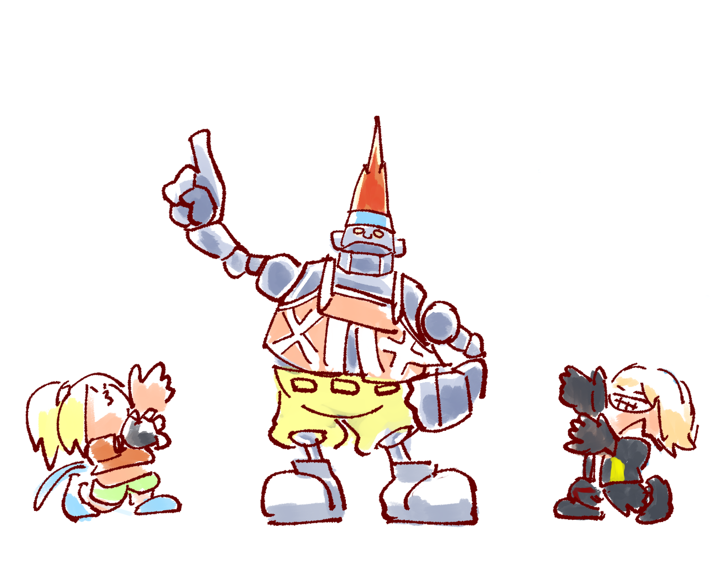 zombieskick, rikku (ff10), tidus, wakka, daito giken koushiki pachi-slot simulator, final fantasy, final fantasy x, shake2, check commentary, commentary, commentary request, 1girl, 2boys, :3, black gloves, black vest, blonde hair, blue headband, blue scarf, blue shoes, chibi, cosplay, f.k. (shake2), fingerless gloves, gloves, grin, hand on own hip, headband, joints, kneeling, medium hair, meme, midriff, multiple boys, no pupils, open mouth, orange hair, orange shirt, pointing, pointing up, pointy hair, ponytail, robot, robot boy, robot joints, scarf, shirt, shoes, shorts, simple background, smile, standing, teeth, tidus no chinpo kimochiyo sugidaro! (meme), vest, wakka (cosplay), white background, yellow eyes, yellow shorts