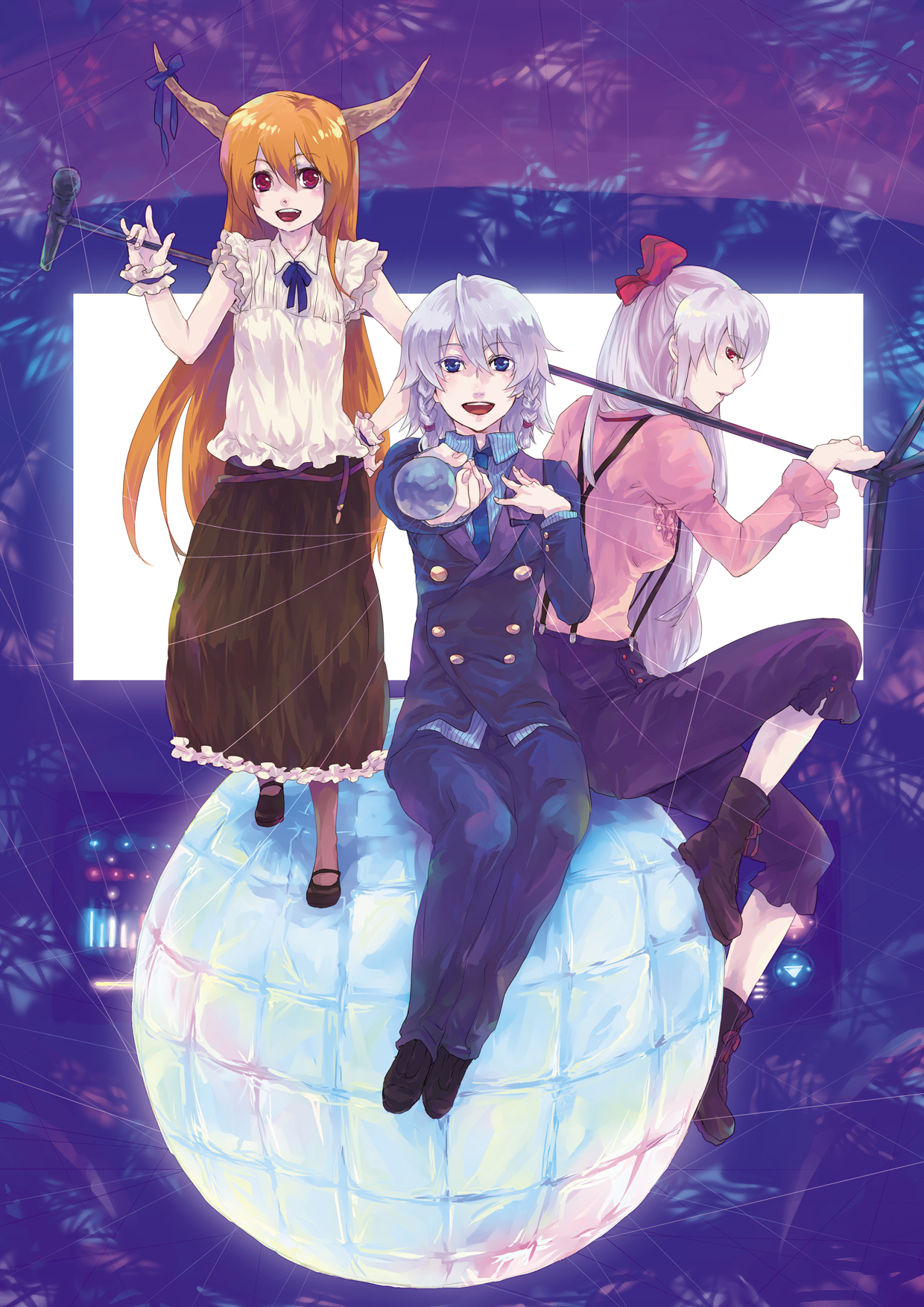 akaya (rednight dd), fujiwara no mokou, ibuki suika, izayoi sakuya, touhou, silver hair, highres, 3girls, alternate costume, blue eyes, bow, braid, brown hair, disco ball, female focus, hair bow, hair ribbon, horns, long hair, mary janes, microphone, microphone stand, multiple girls, orange hair, red eyes, ribbon, shoes, short hair, twin braids, wrist cuffs