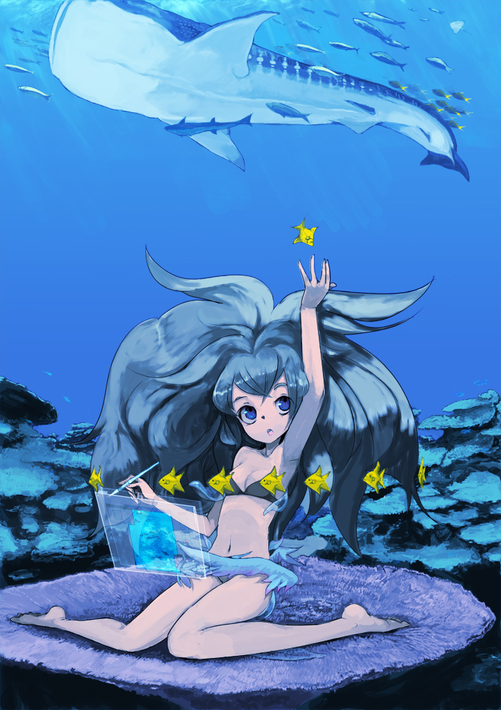 enchi, 1girl, barefoot, bikini, blue eyes, blue hair, female focus, fish, floating screen, holographic interface, holographic monitor, matching hair/eyes, ocean, screen, smile, solo, stylus, swimsuit, underwater, water, whale shark