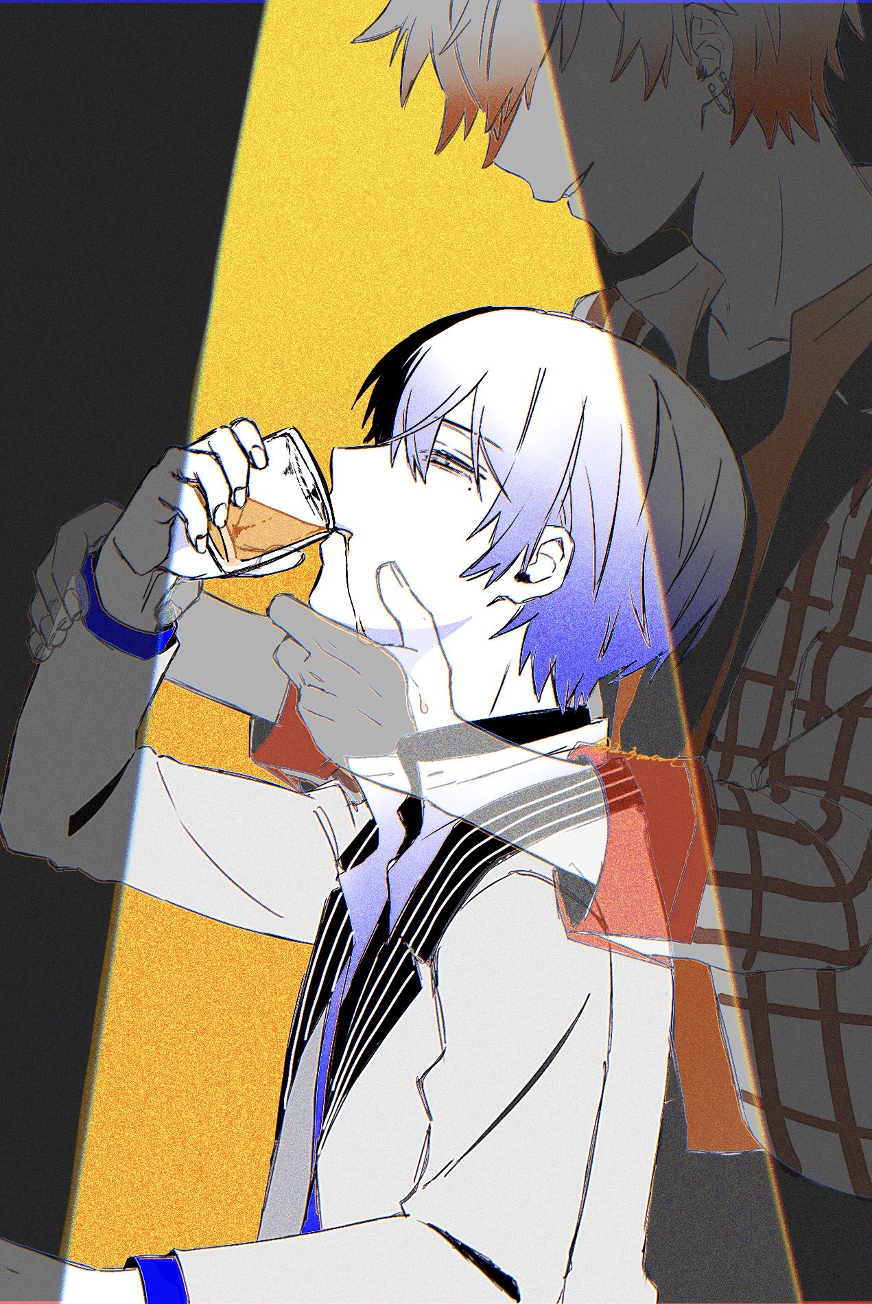 aoyagi touya, shinonome akito, call boy (vocaloid), project sekai, commentary, highres, symbol-only commentary, 2boys, blue hair, cup, drinking, ear chain, fingernails, from side, glass, hand on another's chin, hand up, holding, holding another's wrist, holding cup, linked piercing, male focus, mole, mole under eye, multiple boys, piercing, shikkaku (2 3mlol), short hair, three-quarter sleeves, turtleneck