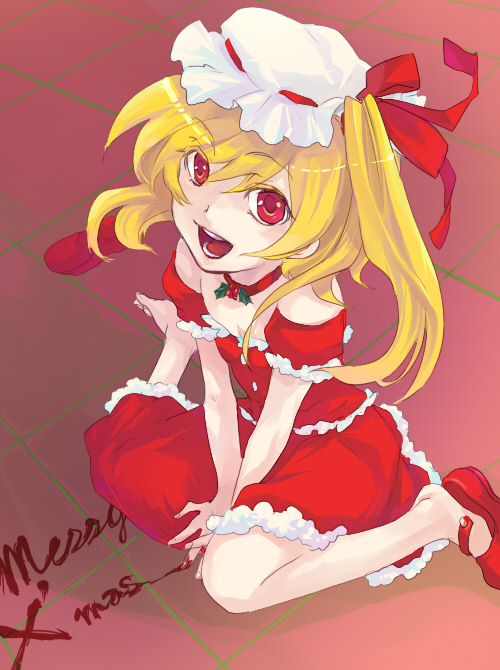 akaya (rednight dd), flandre scarlet, touhou, bad id, bad pixiv id, 1girl, barefoot, blonde hair, blood, christmas, female focus, hair ribbon, hat, one side up, open mouth, ponytail, red eyes, ribbon, shoes, short hair, side ponytail, single shoe, solo