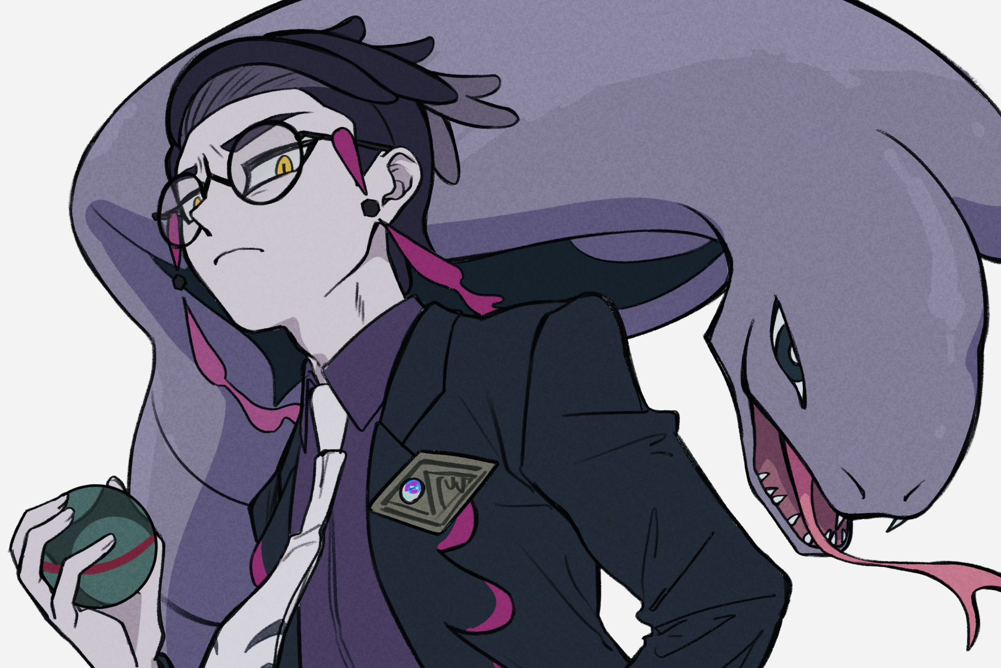 oka kabe, arbok, corbeau (pokemon), nintendo, pokemon, pokemon legends: z-a, highres, 1boy, adam's apple, black-framed eyewear, black coat, closed mouth, coat, collared shirt, dusk ball, forked tongue, frown, gen 1 pokemon, holding, holding poke ball, lapels, long sleeves, looking at viewer, male focus, necktie, notched lapels, open mouth, parted hair, poke ball, pokemon (creature), purple shirt, round eyewear, sharp teeth, shirt, short hair, simple background, slit pupils, solo, tassel, teeth, tongue, tongue out, white background, white necktie, wing collar, yellow eyes