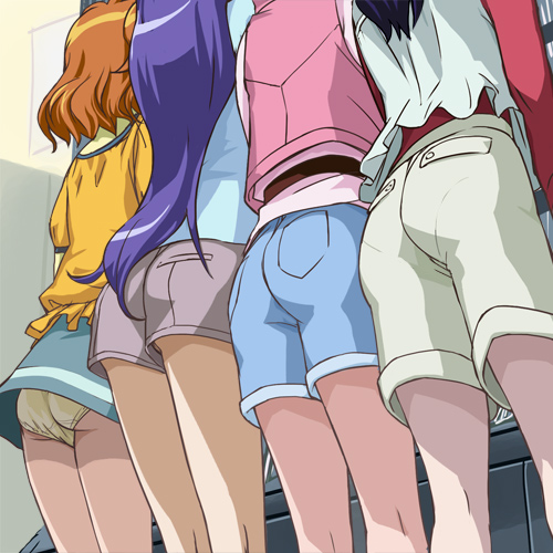 haruyama kazunori, aono miki, higashi setsuna, momozono love, yamabuki inori, fresh precure!, precure, lowres, 00s, 4girls, ass, brown hair, female focus, legs, long hair, multiple girls, panties, pantylines, pantyshot, purple hair, short hair, short shorts, shorts, take your pick, underwear, upshorts