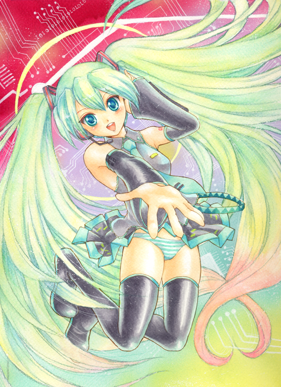 pemoko, hatsune miku, vocaloid, bad id, bad pixiv id, blue eyes, detached sleeves, green hair, long hair, microphone, necktie, panties, solo, striped clothes, striped panties, thighhighs, twintails, underwear, very long hair