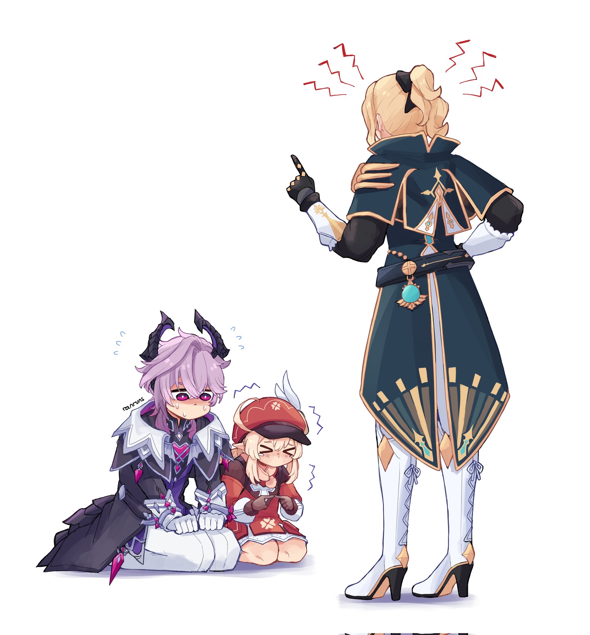 ranruns6308, jean (genshin impact), jean (gunnhildr's legacy) (genshin impact), klee (genshin impact), mini durin (genshin impact), mini durin (human) (genshin impact), commentary, english commentary, highres, > <, 1boy, 2girls, backpack, bag, blonde hair, boots, coat, cowlick, dragon horns, dress, facing another, flying sweatdrops, full body, gloves, hand on own hip, hat, hat feather, high heel boots, high heels, high ponytail, horns, index finger raised, index fingers together, long hair, long sleeves, looking down, multiple girls, nervous, nervous sweating, pants, partially shaded face, pointy ears, ponytail, purple hair, scolding, seiza, sitting, standing, sweat, tearing up, trembling, vision (genshin impact)