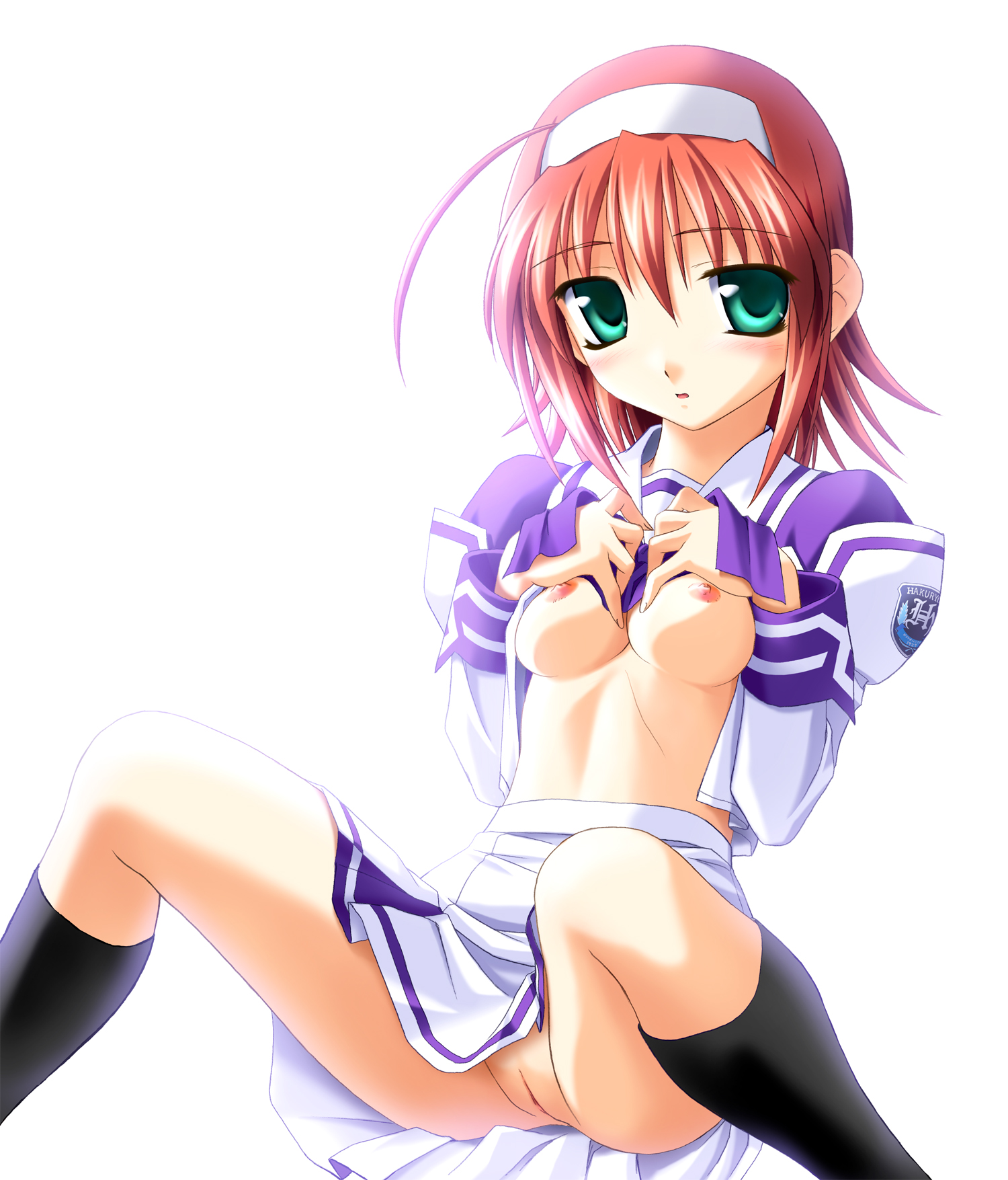 norizou type-r, suzumiya akane, kimi ga nozomu eien, highres, 00s, 1girl, ahoge, blush, breasts, cleft of venus, clothes lift, female focus, green eyes, headband, midriff, nipples, no panties, pussy, red hair, school uniform, shirt lift, socks, solo, upskirt