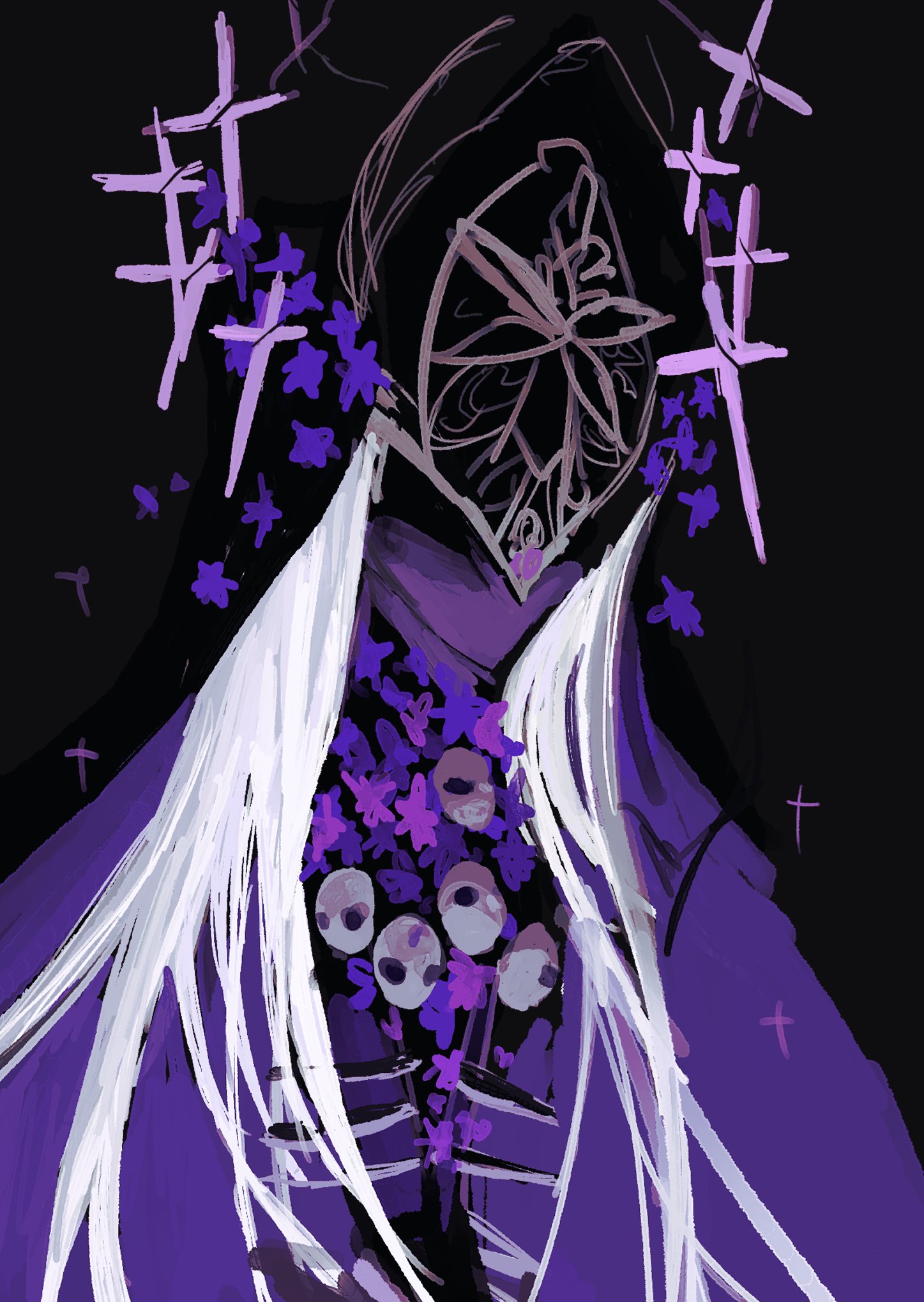 herta (honkai: star rail), irontomb, the herta (honkai: star rail), honkai: star rail, honkai (series), commentary, highres, 1girl, alternate skin color, alternate universe, bad end, colored skin, cross, doll, faceless, flower, head ornament, hksi 47, purple flower, purple skin, ribs, skull, white hair