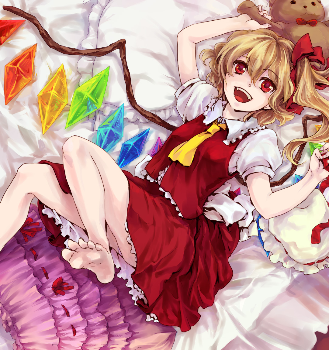akaya (rednight dd), flandre scarlet, touhou, duplicate, 1girl, barefoot, blonde hair, blouse, collared shirt, fangs, feet, female focus, frilled vest, frills, hair between eyes, hair ribbon, hat, lying, mob cap, one side up, ponytail, red eyes, ribbon, shirt, short hair, side ponytail, solo, stuffed animal, stuffed toy, teddy bear, unworn hat, unworn headwear, vest, white shirt, wings