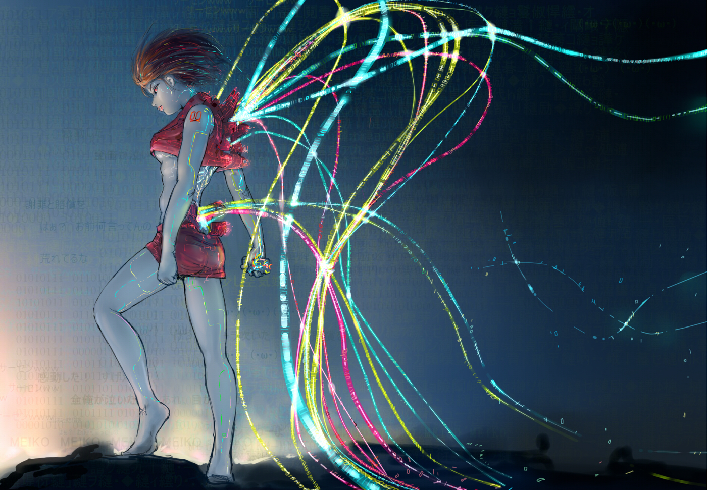 konpasu, meiko (vocaloid), vocaloid, 1girl, barefoot, binary, breasts, brown hair, colorful, female focus, midriff, multicolored hair, red eyes, short hair, solo, underboob