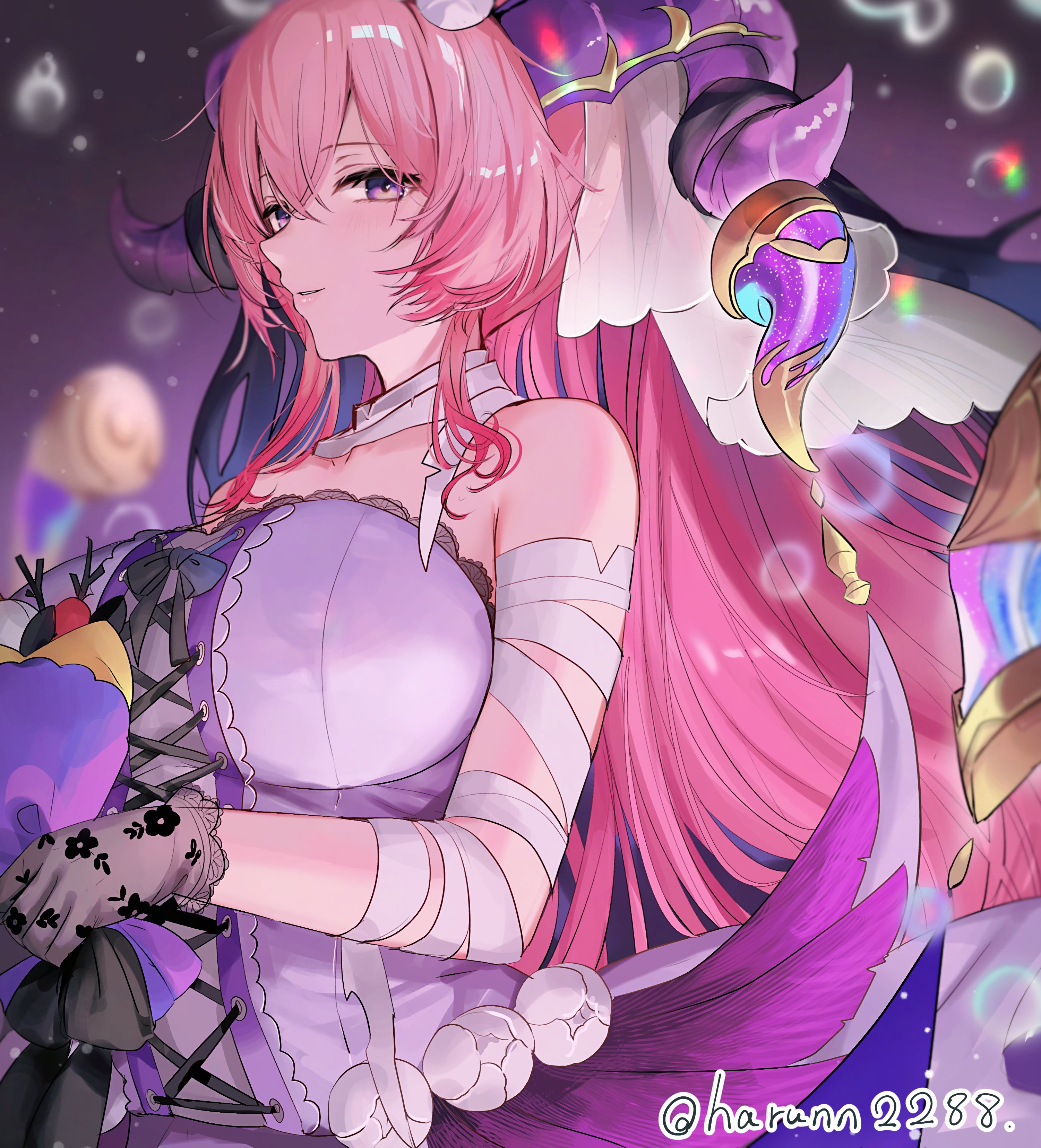 haru (nakajou-28), nerthuz (divine abundance) (fire emblem), nerthuz (fire emblem), fire emblem, fire emblem heroes, nintendo, absurdres, highres, 1girl, bandaged arm, bandages, bare shoulders, black gloves, blush, bouquet, breasts, dress, flower, gloves, goat girl, goat horns, halloween, halloween costume, holding, holding bouquet, horns, huge breasts, large horns, long hair, looking at viewer, official alternate costume, parted lips, pink eyes, pink hair, ponytail, purple eyes, purple horns, see-through clothes, see-through gloves, smile, solo, strapless, strapless dress, veil, very long hair, white veil
