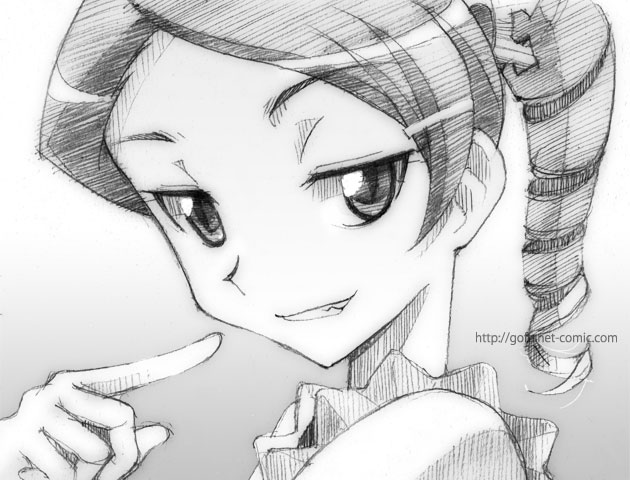 gofu, sherwood, kaibutsu oujo, traditional media, 00s, greyscale, grin, monochrome, naughty face, portrait, sketch, smile, solo