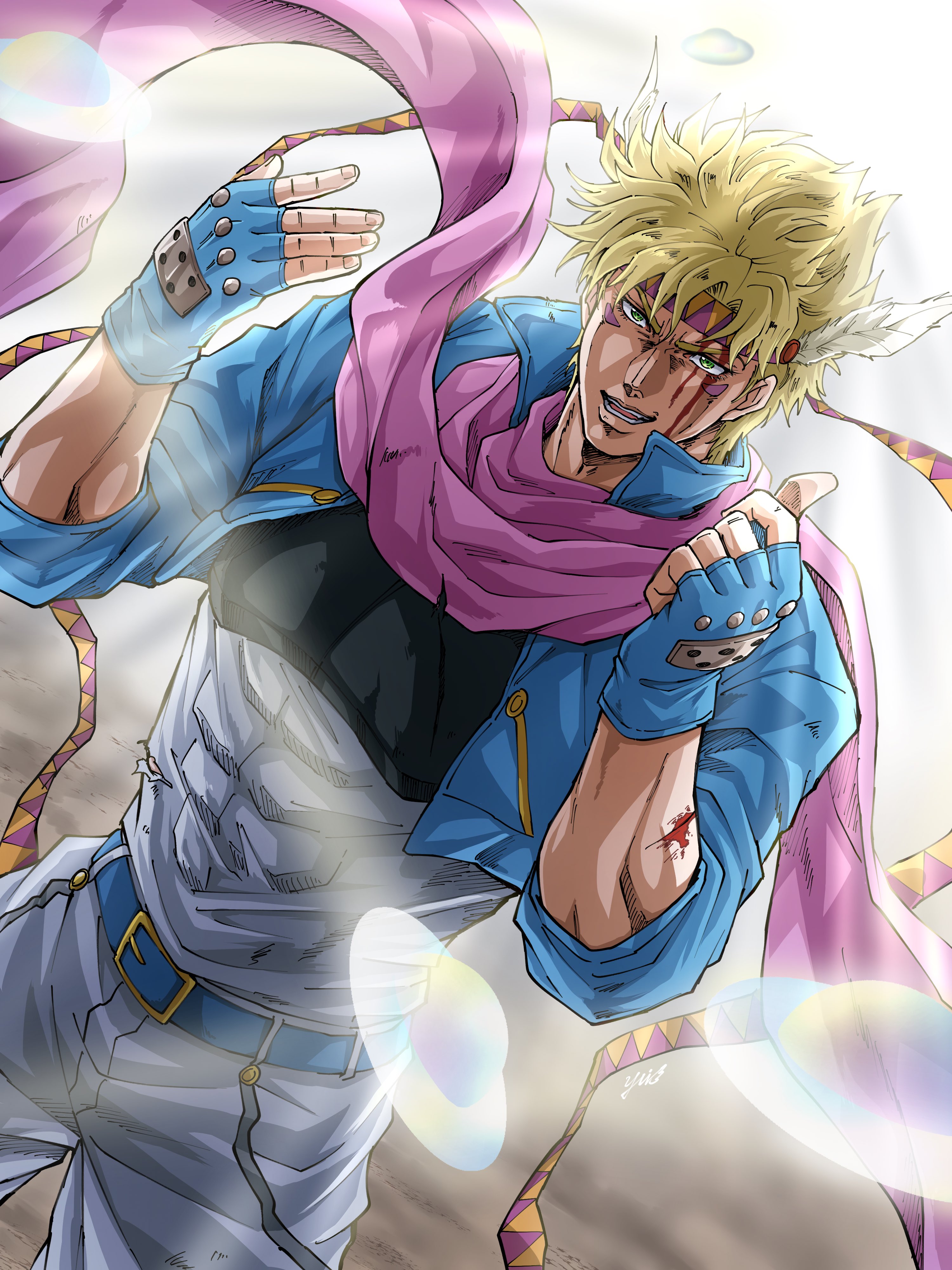 yui fightpaint, caesar anthonio zeppeli, battle tendency, jojo no kimyou na bouken, absurdres, commentary request, highres, 1boy, abs, belt, belt buckle, bleeding, blonde hair, blood, blood on face, blue belt, blue gloves, blue jacket, bubble, buckle, cropped jacket, cuts, dutch angle, facial mark, feather hair ornament, feathers, fingerless gloves, gloves, green eyes, grey pants, grey shirt, hair ornament, headband, hydrokinesis, injury, jacket, male focus, muscular, muscular male, open mouth, pants, pink headband, pink scarf, pointing, popped collar, scarf, scratches, shirt, signature, solo, teeth, torn clothes, torn shirt, triangle print, water, yellow headband