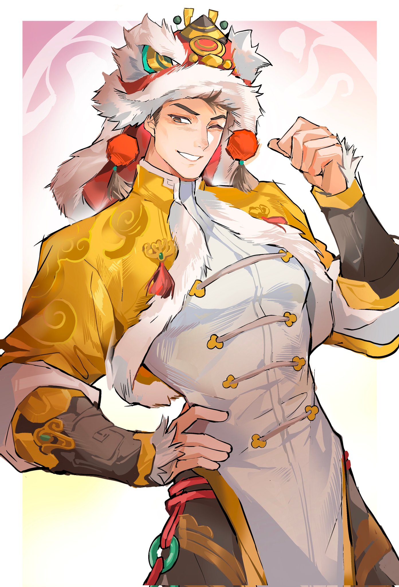 songtanshui02, iron fist (lion's gaze) (marvel), iron fist (marvel), marvel, marvel rivals, chinese commentary, highres, 1boy, black eyes, black hair, border, changpao, chinese clothes, fur-trimmed shawl, fur trim, gradient background, grin, hand on own hip, lin lie (marvel), looking to the side, male focus, muscular, muscular male, official alternate costume, one eye closed, shawl, short hair, smile, solo, white border, yellow shawl