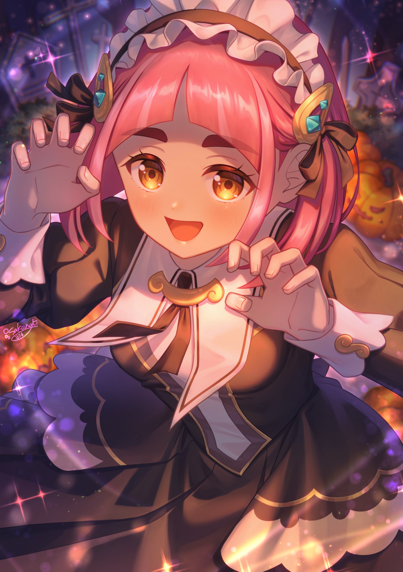 wakame1441, lacey (fall 2025) (pokemon), lacey (pokemon), nintendo, pokemon, pokemon masters ex, commentary request, 1girl, :d, arched bangs, black dress, bow, claw pose, dress, eyelashes, hair bow, hair ornament, hairclip, hands up, happy, headdress, long sleeves, official alternate costume, open mouth, pink hair, signature, smile, solo, sparkle, yellow bow