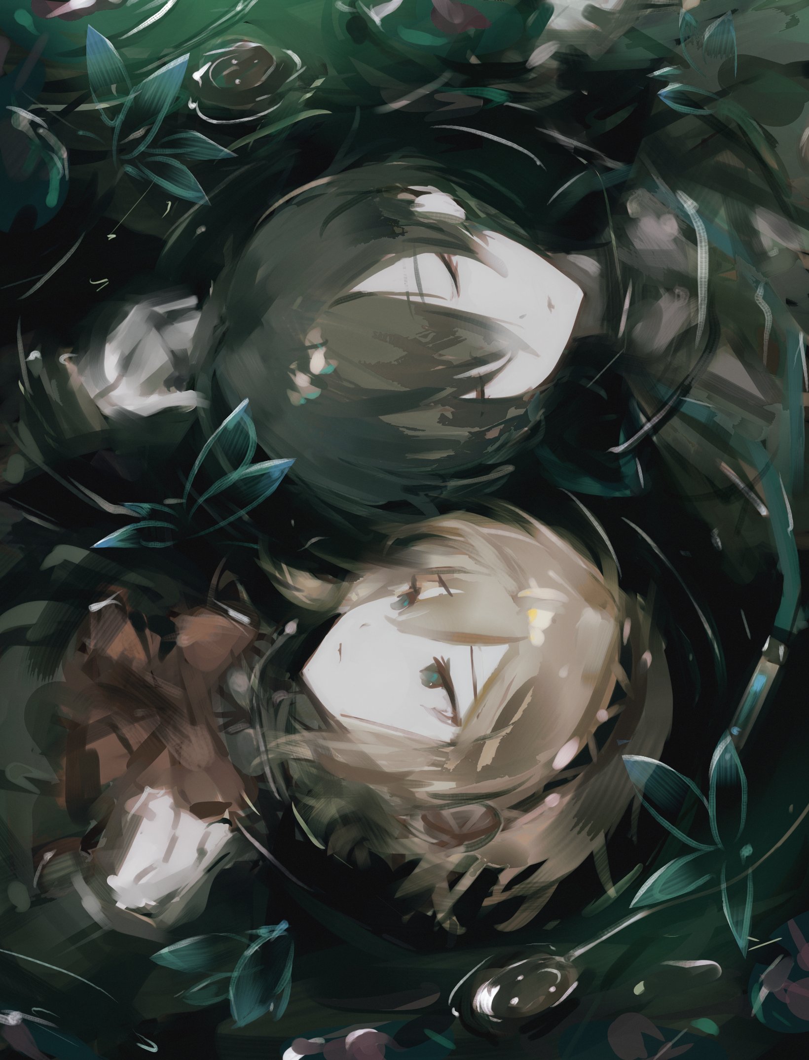 k1kiwa, aigis (persona), yuuki makoto (persona 3), persona, persona 3, commentary request, highres, 1boy, 1girl, android, black hair, blonde hair, blue eyes, bow, closed eyes, gold hairband, hairband, hand on another's head, looking at another, lying, on back, partially submerged, portrait, red bow, ripples, robot ears, rotational symmetry, sideways, water