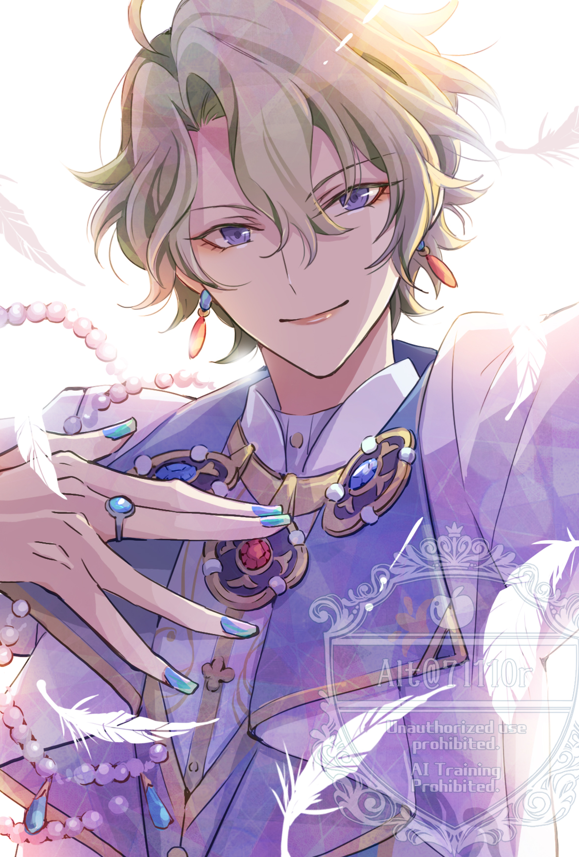 tomoe hiyori, ensemble stars!, highres, 1boy, alt (71110r), artist name, beads, closed mouth, earrings, feathers, fingernails, green hair, hair between eyes, hand on own chest, jewelry, looking at viewer, male focus, nail polish, outstretched hand, purple eyes, short hair, smile, solo, twitter username, upper body, watermark, white background