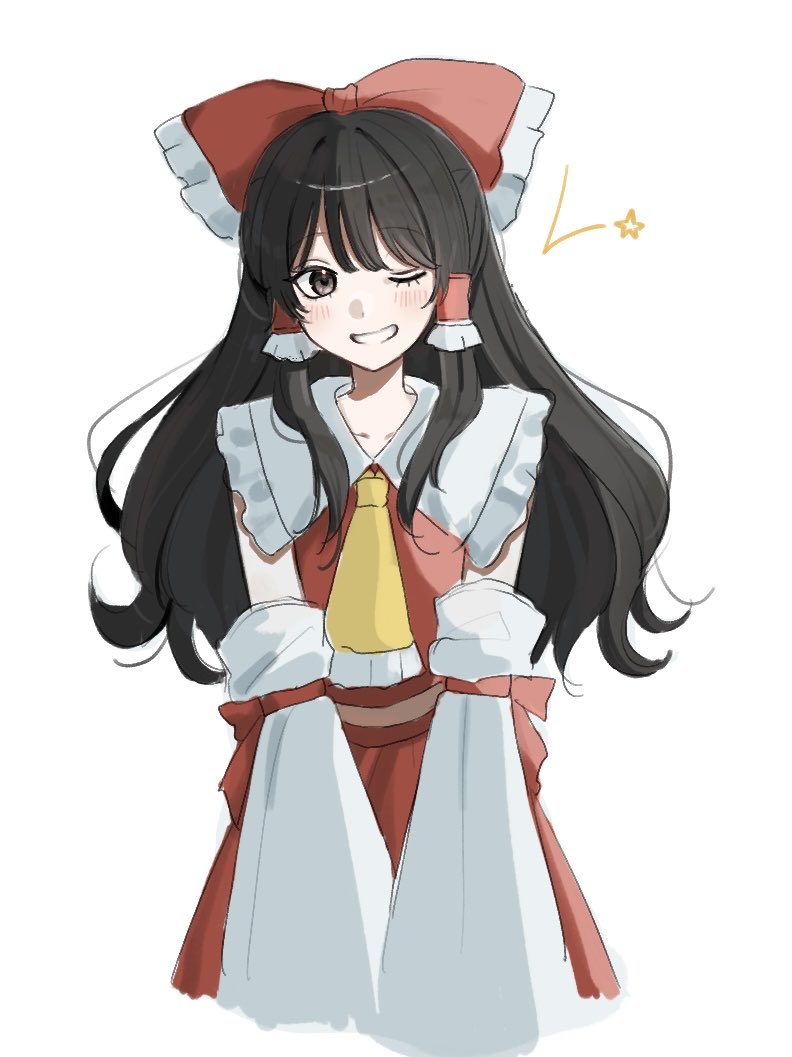 mati100311, hakurei reimu, touhou, commentary request, 1girl, ascot, blush, bow, brown eyes, brown hair, detached sleeves, frilled bow, frilled hair tubes, frills, grin, hair bow, hair tubes, long hair, looking at viewer, one eye closed, red bow, red skirt, simple background, skirt, skirt set, smile, solo, white background, yellow ascot