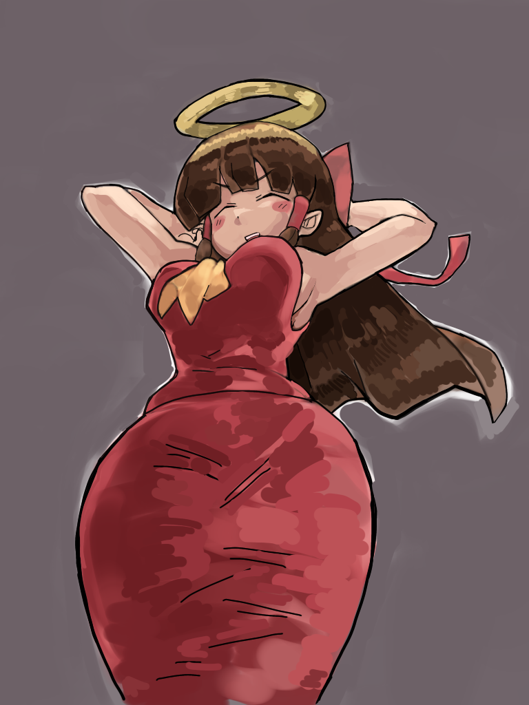 kanakamei1, hakurei reimu, yamasaka aimi, cookie (touhou), touhou, commentary, 1girl, armpits, arms behind head, bow, breasts, brown hair, closed eyes, from below, grey background, hair bow, hair tubes, halo, japanese clothes, large breasts, long hair, miko, open mouth, red bow, sideboob, simple background, solo, stick, teeth, tight clothes, v-shaped eyebrows, wide hips