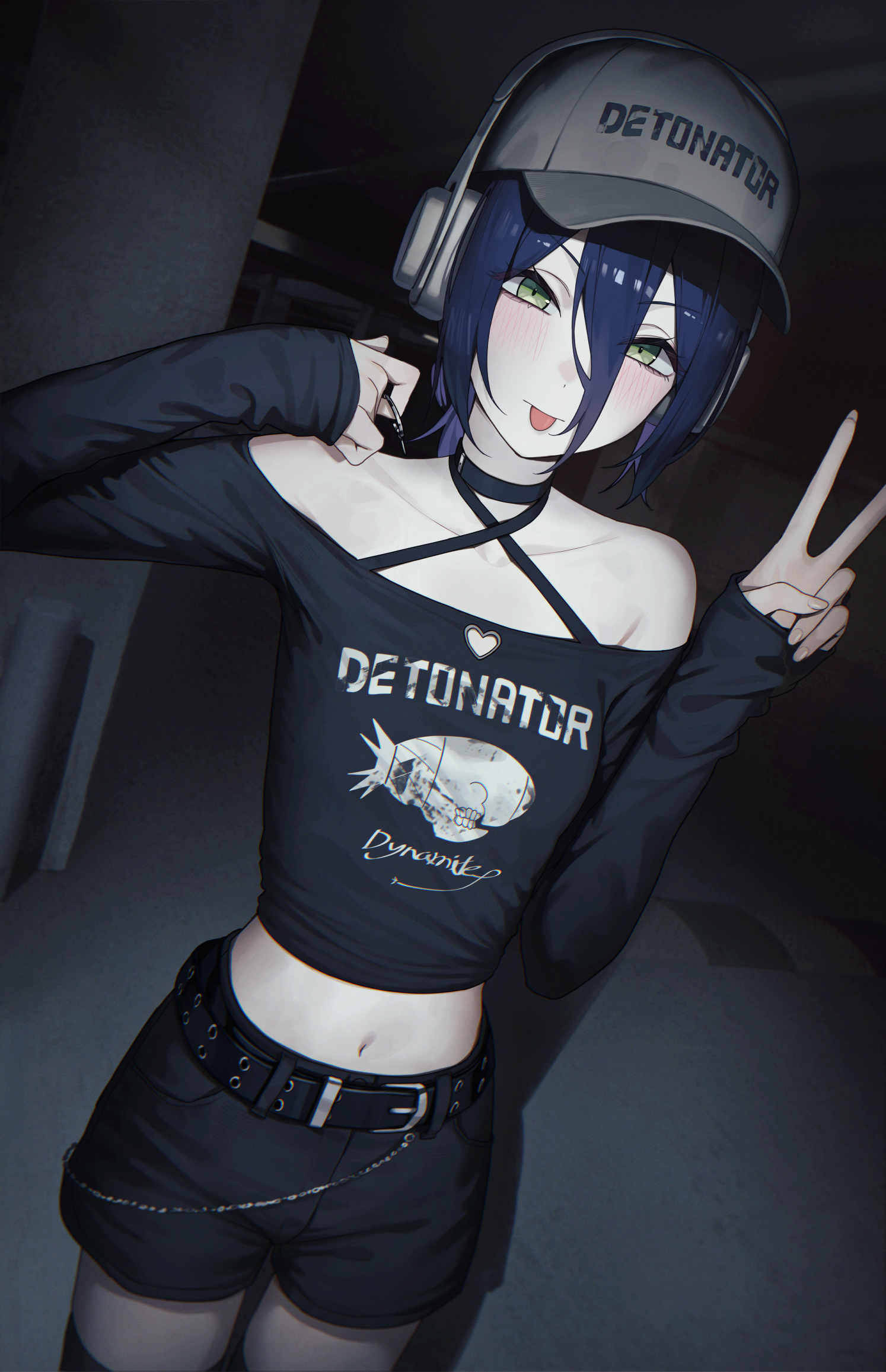 suumon, reze (chainsaw man), chainsaw man, highres, 1girl, bare shoulders, baseball cap, belt, black belt, black choker, black shirt, black shorts, blue hair, breasts, choker, collarbone, green eyes, hair between eyes, hat, headphones, long sleeves, midriff, navel, shirt, shorts, small breasts, solo, tongue, tongue out, v