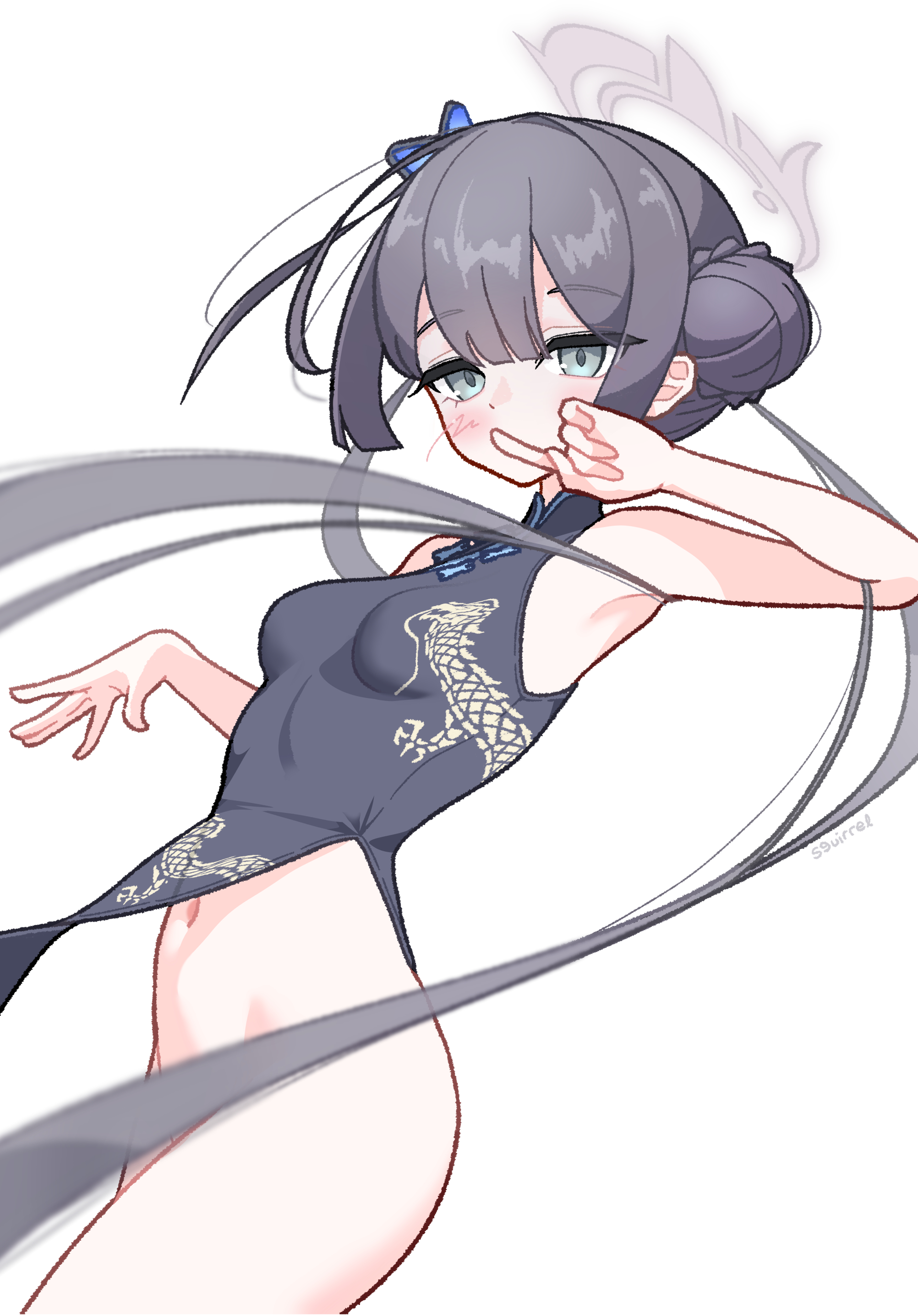 s9uirrel, kisaki (blue archive), blue archive, 1girl, blue eyes, blue hair, blush, breasts, butterfly hair ornament, chinese clothes, convenient censoring, cowboy shot, double bun, dress, hair bun, hair ornament, halo, index finger raised, long hair, looking at viewer, medium breasts, navel, no panties, solo, twintails, white background