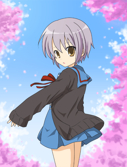 nyaro, nagato yuki, suzumiya haruhi no yuuutsu, silver hair, bad id, bad pixiv id, 00s, 1girl, brown eyes, cardigan, cherry blossoms, female focus, purple hair, school uniform, serafuku, short hair, solo