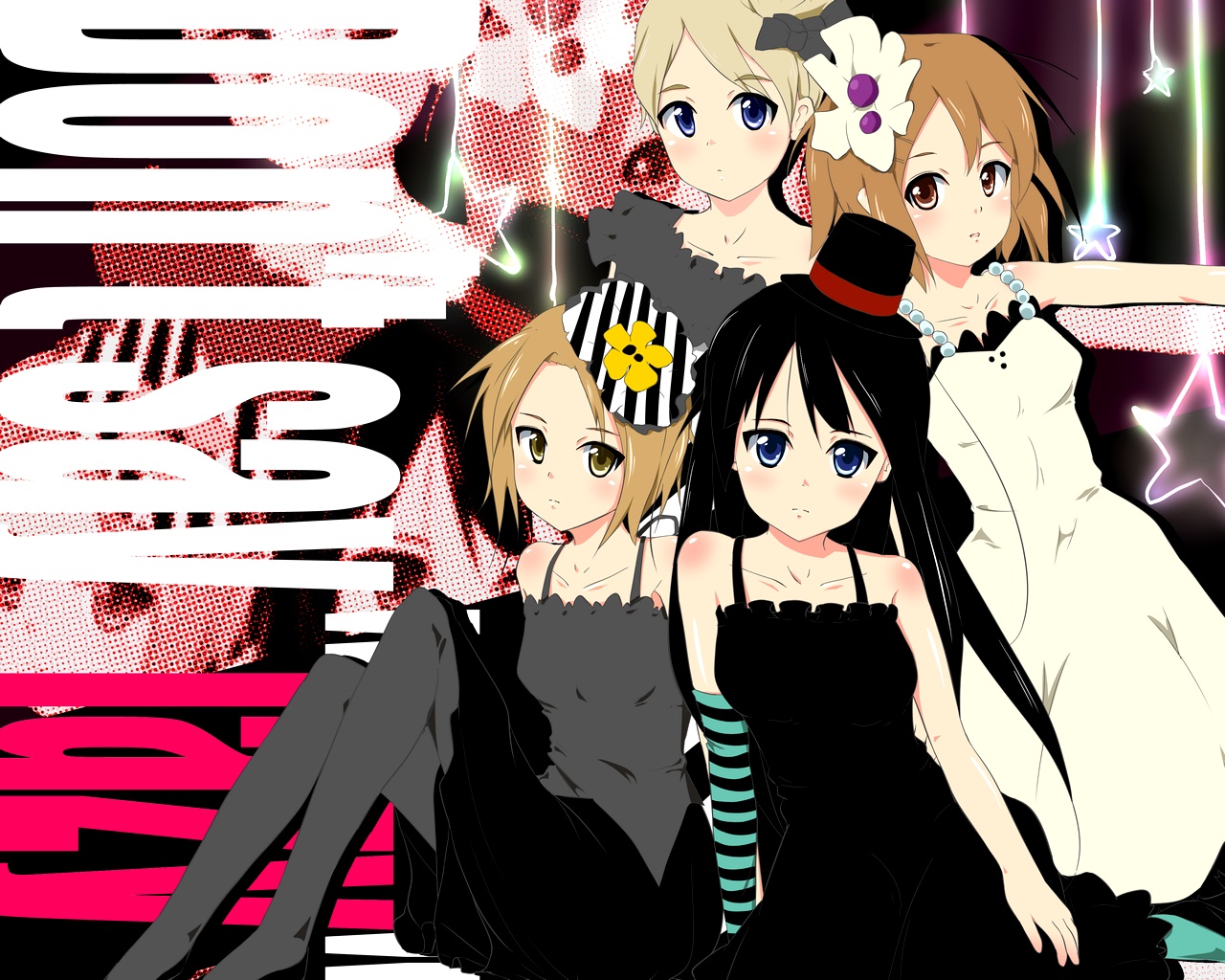 naka (cheeseyeast), akiyama mio, hirasawa yui, kotobuki tsumugi, tainaka ritsu, don't say "lazy", k-on!, bad id, bad pixiv id, 00s, 4girls, black hair, blonde hair, blue eyes, brown eyes, brown hair, dress, fingerless gloves, gloves, hat, ho-kago tea time, long hair, mini hat, mini top hat, multiple girls, pantyhose, short hair, top hat