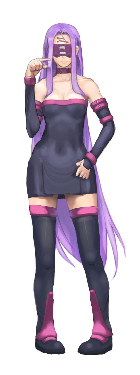 taishi (artist), taishi (picchiridou), medusa (fate), medusa (rider) (fate), fate/stay night, fate (series), highres, long image, tall image, 00s, 1girl, bare shoulders, blindfold, boots, collar, detached sleeves, dress, female focus, hip focus, long hair, mask, pigeon-toed, pointing, purple eyes, purple hair, solo, strapless, strapless dress, thigh boots, thighhighs, very long hair, wide hips, zettai ryouiki