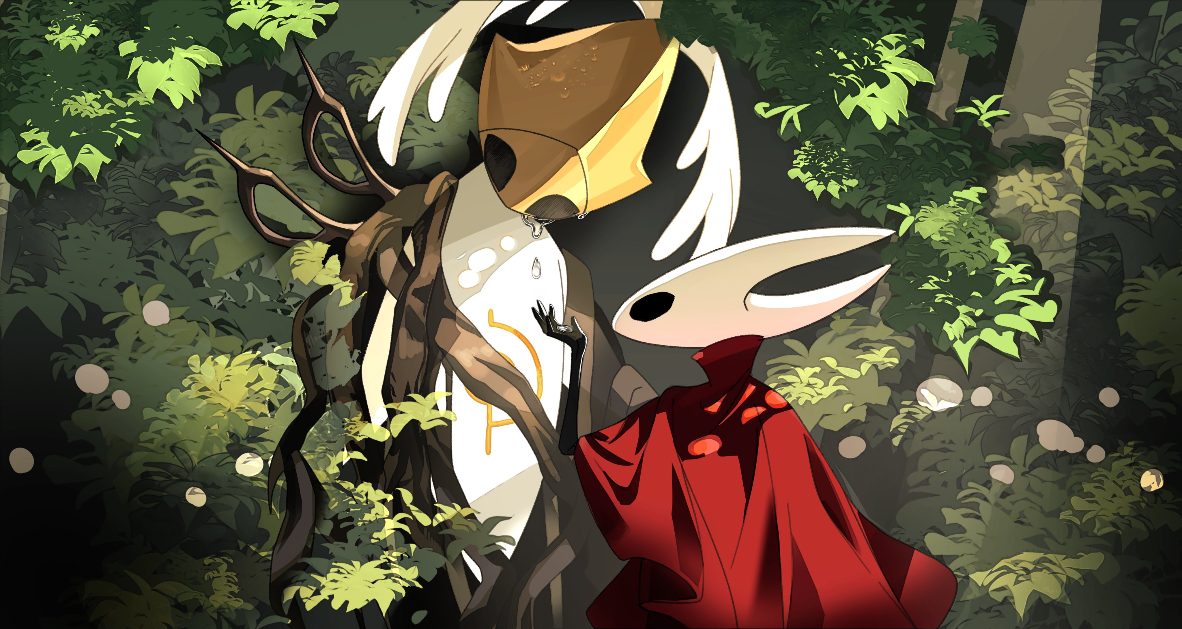 hornet (hollow knight), hollow knight, hollow knight: silksong, absurdres, highres, 1girl, 1other, arthropod girl, arthropod limbs, black eyes, black skin, cloak, colored skin, hollow eyes, horned mask, horns, humanoid robot, looking at another, luobo 030, mask, nature, no humans, red cloak, robot, second sentinel (hollow knight), tears, weapon, weapon on back, white cloak, white mask