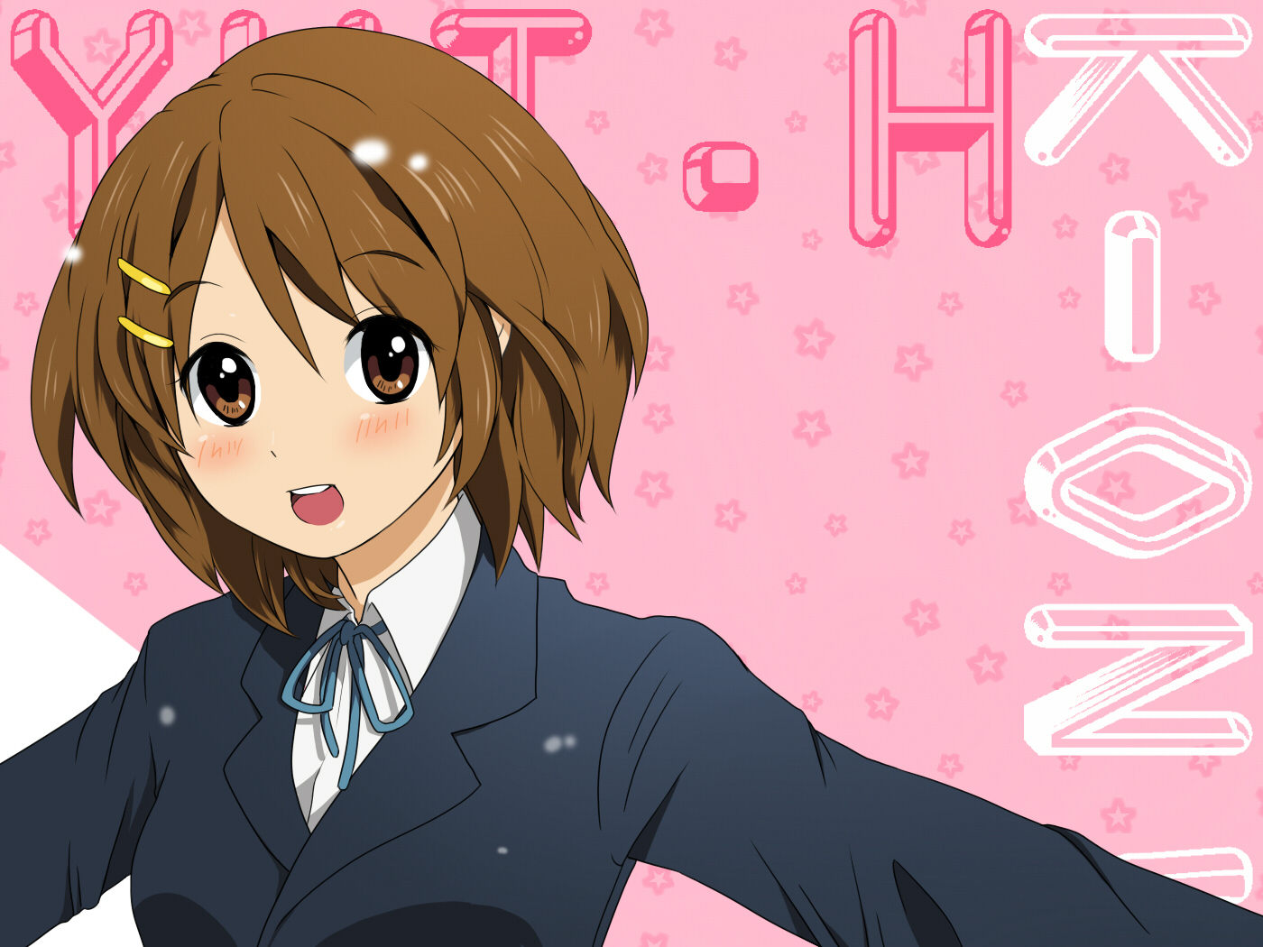 hot@dog, hirasawa yui, k-on!, bad id, bad pixiv id, 00s, 1girl, brown eyes, brown hair, female focus, open mouth, round teeth, school uniform, short hair, solo, teeth