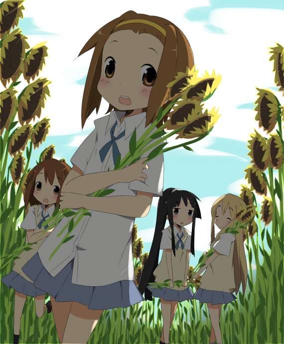 kareha aki, akiyama mio, hirasawa yui, kotobuki tsumugi, tainaka ritsu, k-on!, bad id, bad pixiv id, 00s, 4girls, black eyes, black hair, blonde hair, brown eyes, brown hair, closed eyes, flower, ho-kago tea time, long hair, multiple girls, ponytail, school uniform, short hair, sunflower, tomboy