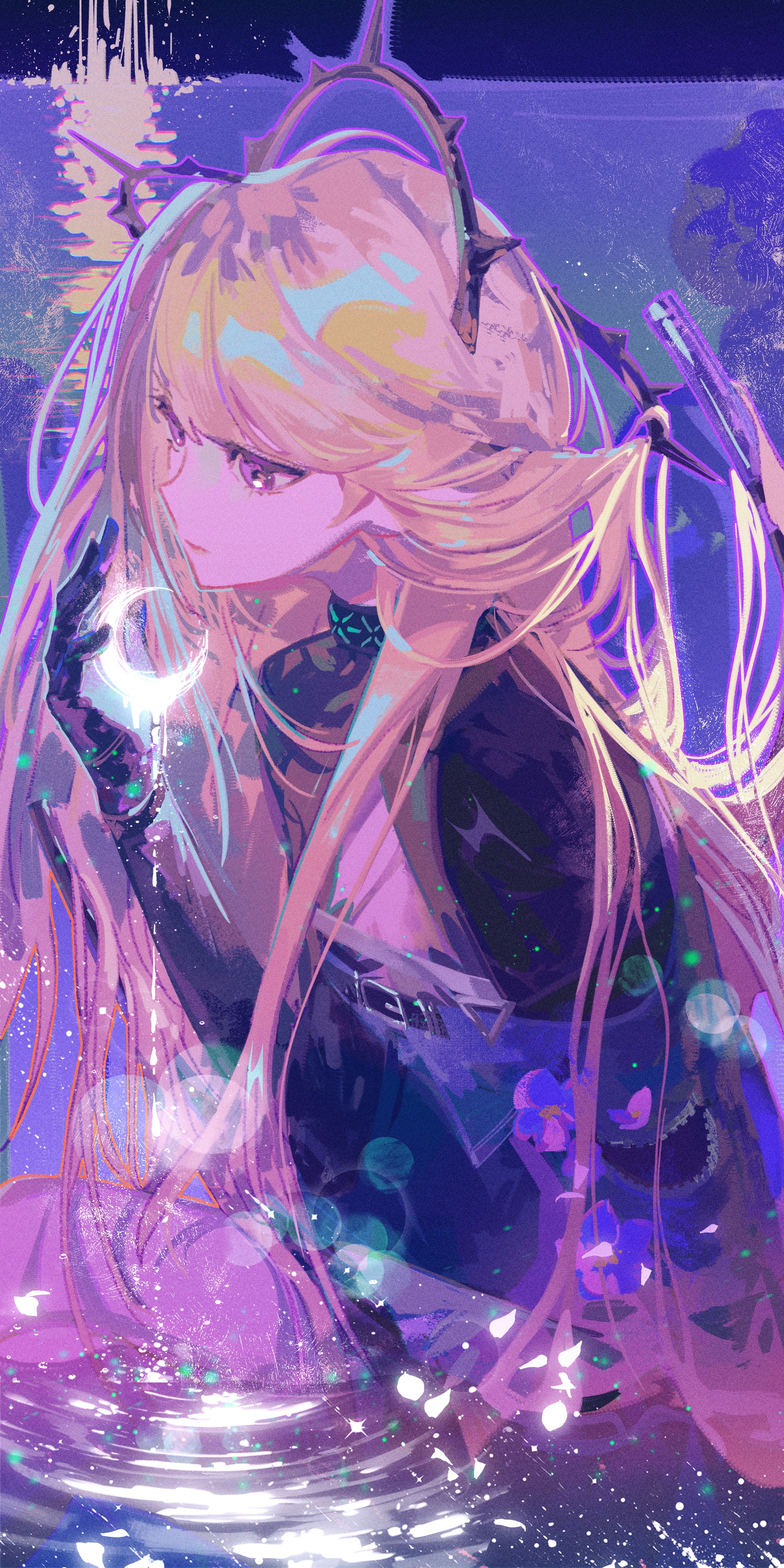 lyylinkong, indigo (arknights), infection monitor (arknights), arknights, absurdres, commentary request, highres, 1girl, belt, belt buckle, black belt, black choker, black gloves, black jacket, blonde hair, buckle, choker, closed mouth, crescent moon, dripping, expressionless, gloves, hair flowing over, hair ornament, hand up, jacket, knees up, long hair, looking ahead, moon, partially submerged, pink eyes, purple theme, sitting, solo, splashing, very long hair, waves