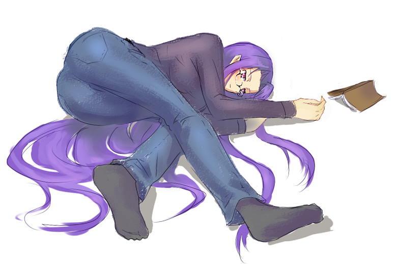 dashman, medusa (fate), medusa (rider) (fate), fate/stay night, fate (series), bad id, bad pixiv id, check pixiv source, 00s, ass, blush, book, casual, denim, feet, glasses, jeans, long hair, lying, pants, purple eyes, purple hair, simple background, socks, solo, very long hair