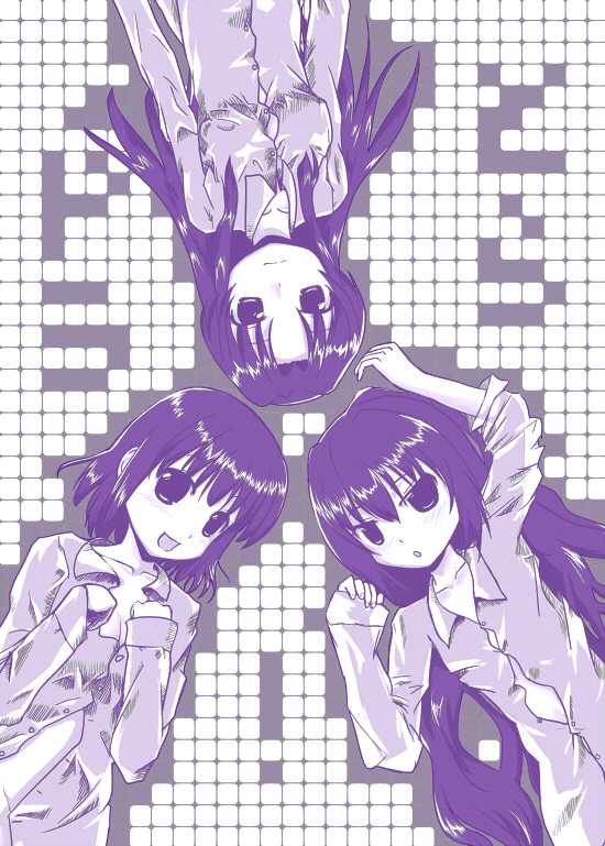 dune (artist), aisaka taiga, kawashima ami, kushieda minori, toradora!, 00s, 3girls, dress shirt, long hair, lying, monochrome, multiple girls, purple theme, shirt, short hair