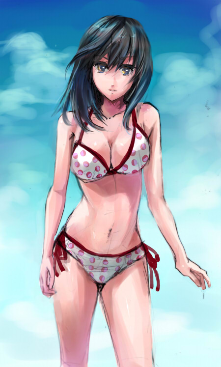 shimaji, yamamoto misaki, hatsukoi limited, bad id, bad pixiv id, 1girl, bikini, black hair, breasts, brown eyes, cleavage, female focus, large breasts, long hair, navel, polka dot, polka dot bikini, polka dot swimsuit, side-tie bikini bottom, sketch, solo, swimsuit, yellow eyes