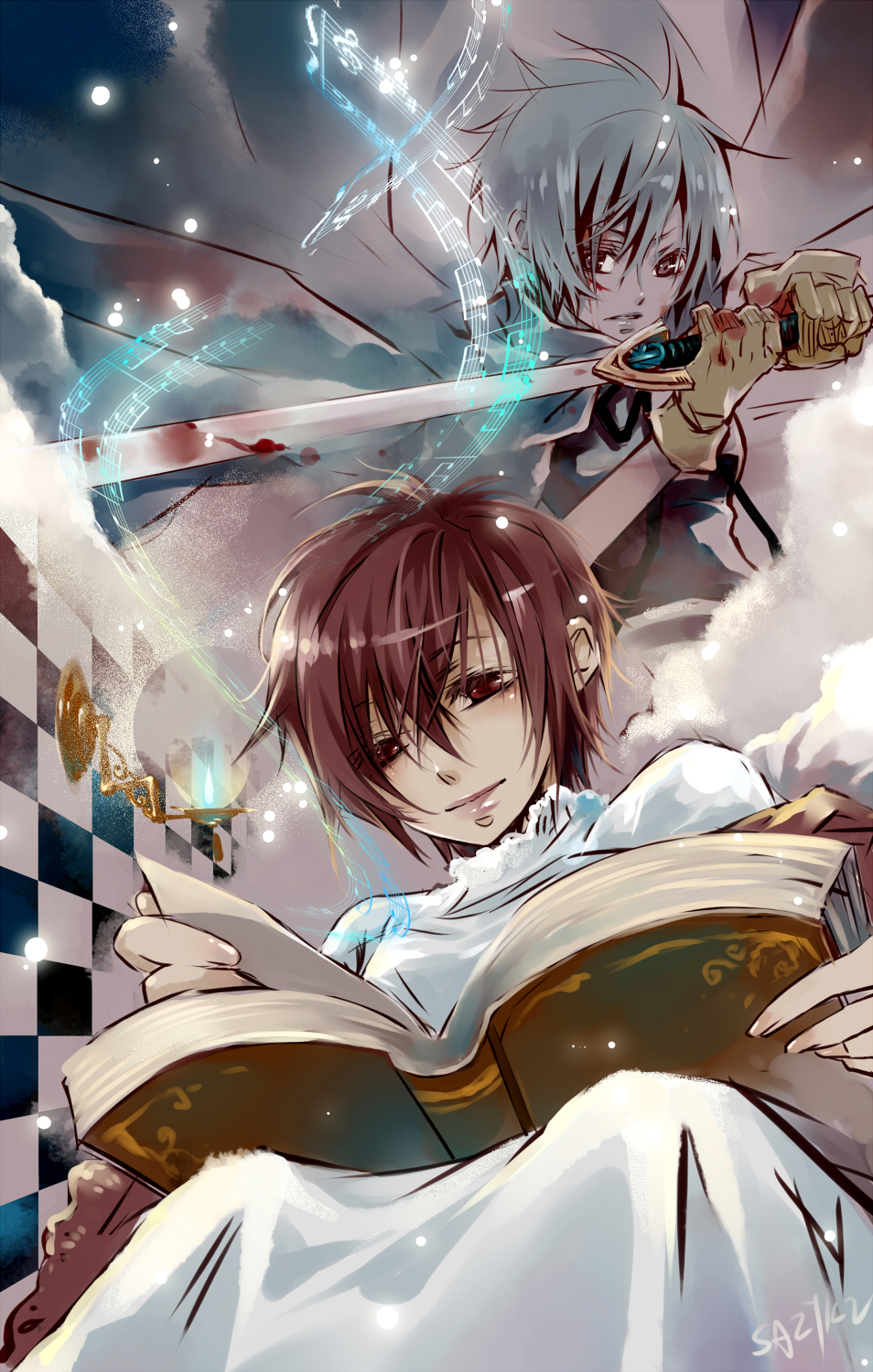 saiyki, kaiko (vocaloid), meiko (vocaloid), vocaloid, bad id, bad pixiv id, gender request, highres, 2girls, blood, blue hair, book, brown eyes, brown hair, cape, dress, genderswap, gloves, multiple girls, musical note, open book, reading, short hair, sword, weapon