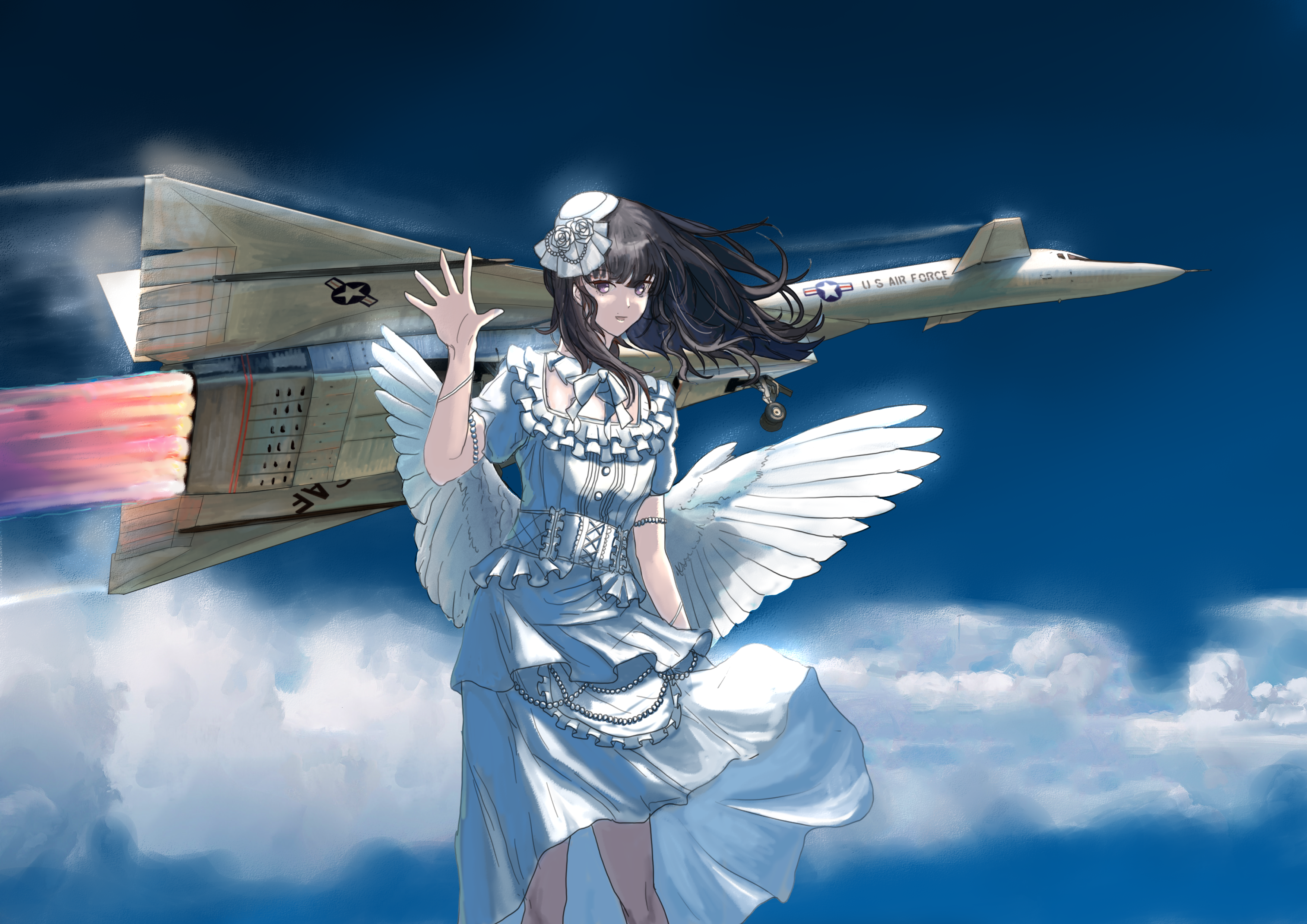 yukikaze supersylph, shirokane rinko, xb-70, bang dream!, united states air force, absurdres, commentary, highres, 1girl, aircraft, airplane, black hair, blue sky, bomber, breasts, cloud, day, dress, frilled dress, frills, hat, jet bomber, long hair, looking at viewer, military vehicle, mini hat, short sleeves, sky, solo, standing, waving, white dress, white hat, white wings, wings
