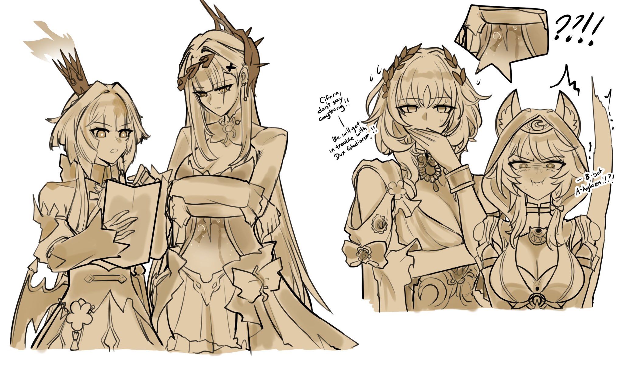 choikfu, aglaea (honkai: star rail), cerydra (honkai: star rail), cipher (honkai: star rail), hysilens (honkai: star rail), honkai: star rail, honkai (series), highres, 4girls, air bubble, animal ears, bare shoulders, braid, breasts, bright pupils, bubble, cat ears, cat girl, cat tail, chess piece, chrysos heirs (honkai: star rail), cleavage, closed mouth, covered mouth, covering own mouth, cowboy shot, cropped legs, cropped torso, crossed arms, crown, detached sleeves, dress, ears through hood, english text, fire, hand over own mouth, head ornament, height difference, hood, hood up, implied yuri, laurel crown, long hair, long sleeves, medium hair, mini crown, multiple girls, parted bangs, parted lips, see-through body, sepia, short hair with long locks, shrug (clothing), side braid, simple background, single braid, struggling, stutter, sweat, tail, trembling, upper body, v-shaped eyebrows, very long hair, water, white background