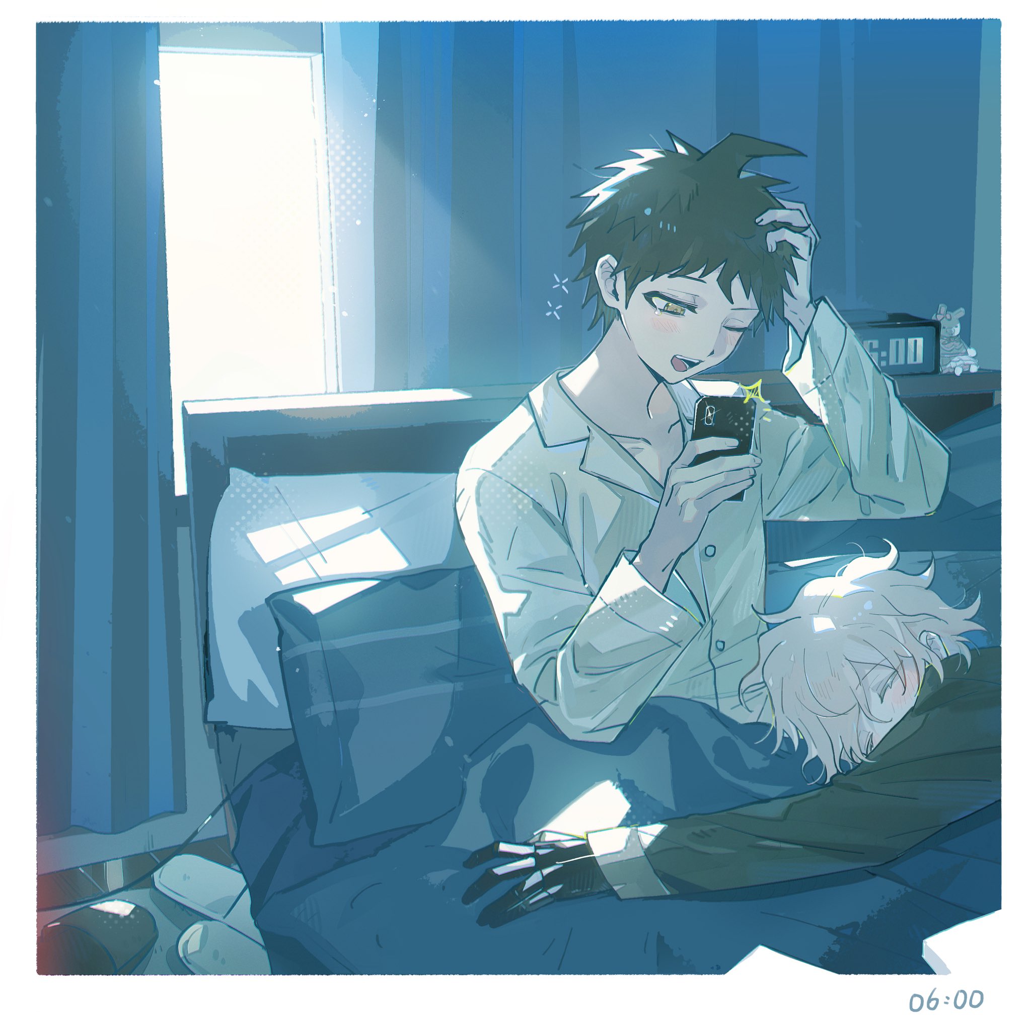 shuimu guan, hinata hajime, komaeda nagito, usami (danganronpa), danganronpa (series), danganronpa 2: goodbye despair, highres, 2boys, ;d, ahoge, alarm clock, bed, black jacket, blanket, brown hair, clock, collarbone, grey hair, holding, holding phone, jacket, long sleeves, male focus, multiple boys, one eye closed, open mouth, phone, pillow, shoes, short hair, smile, spiked hair, white jacket, window