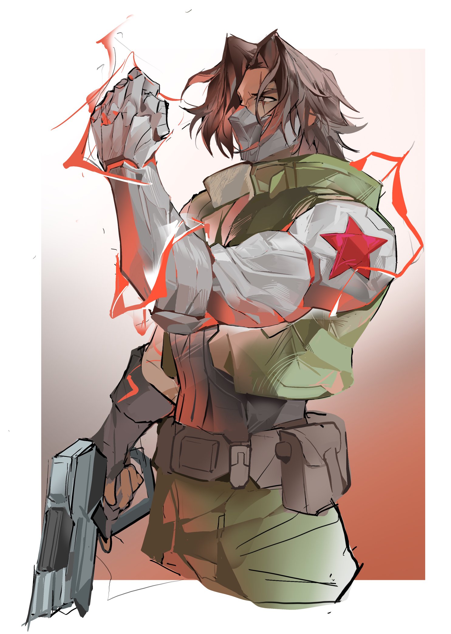 songtanshui02, bucky barnes, winter soldier, captain america (series), marvel, marvel rivals, chinese commentary, highres, 1boy, border, brown hair, cowboy shot, crackling energy, gradient background, green pants, green vest, grey eyes, gun, holding, holding gun, holding weapon, male focus, mask, mechanical arms, medium hair, mouth mask, muscular, muscular male, pants, parted hair, prosthesis, prosthetic arm, scar, scar across eye, scar on face, solo, vest, weapon, white border