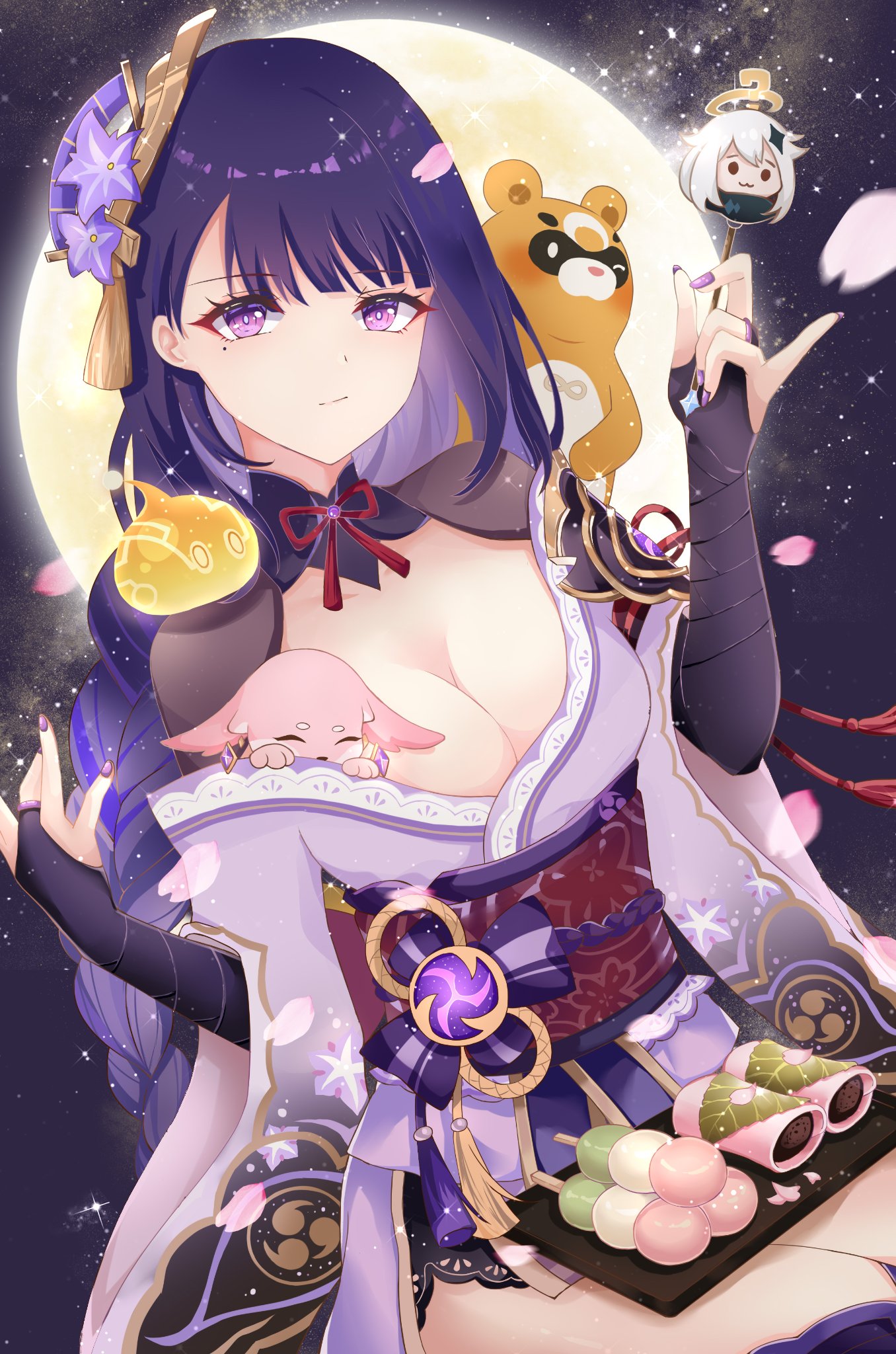 electro slime (genshin impact), guoba (genshin impact), mutant electro slime (genshin impact), paimon (genshin impact), raiden shogun, slime (genshin impact), yae miko, yae miko (fox), genshin impact, commentary request, highres, 1girl, armor, asymmetrical sleeves, ayumilmw, bear, blue pupils, blunt bangs, braid, breasts, bridal gauntlets, character doll, cherry blossoms, chewing, cleavage, closed mouth, collarbone, creature, dango, doll, eating, electro symbol (genshin impact), eyeliner, falling petals, fan hair ornament, flower, flower ornament, food, fox girl, from side, full moon, glowing, gradient hair, head tilt, holding, japanese clothes, kimono, large breasts, leaning to the side, light particles, lingerie, long braid, long hair, looking at viewer, makeup, mitsudomoe (shape), mochi, mole, mole under eye, moon, moonlight, multicolored hair, neck ribbon, night, night sky, off shoulder, outdoors, petals, pink petals, primogem, purple eyes, purple flower, purple hair, purple kimono, purple nails, purple thighhighs, red eyeliner, red ribbon, red sash, ribbon, sakura mochi, sash, shade, shoulder armor, single braid, sitting, sky, streaked hair, thighhighs, tomoe (symbol), toy, tray, underwear, uneven sleeves, upper body, wagashi, wide sleeves