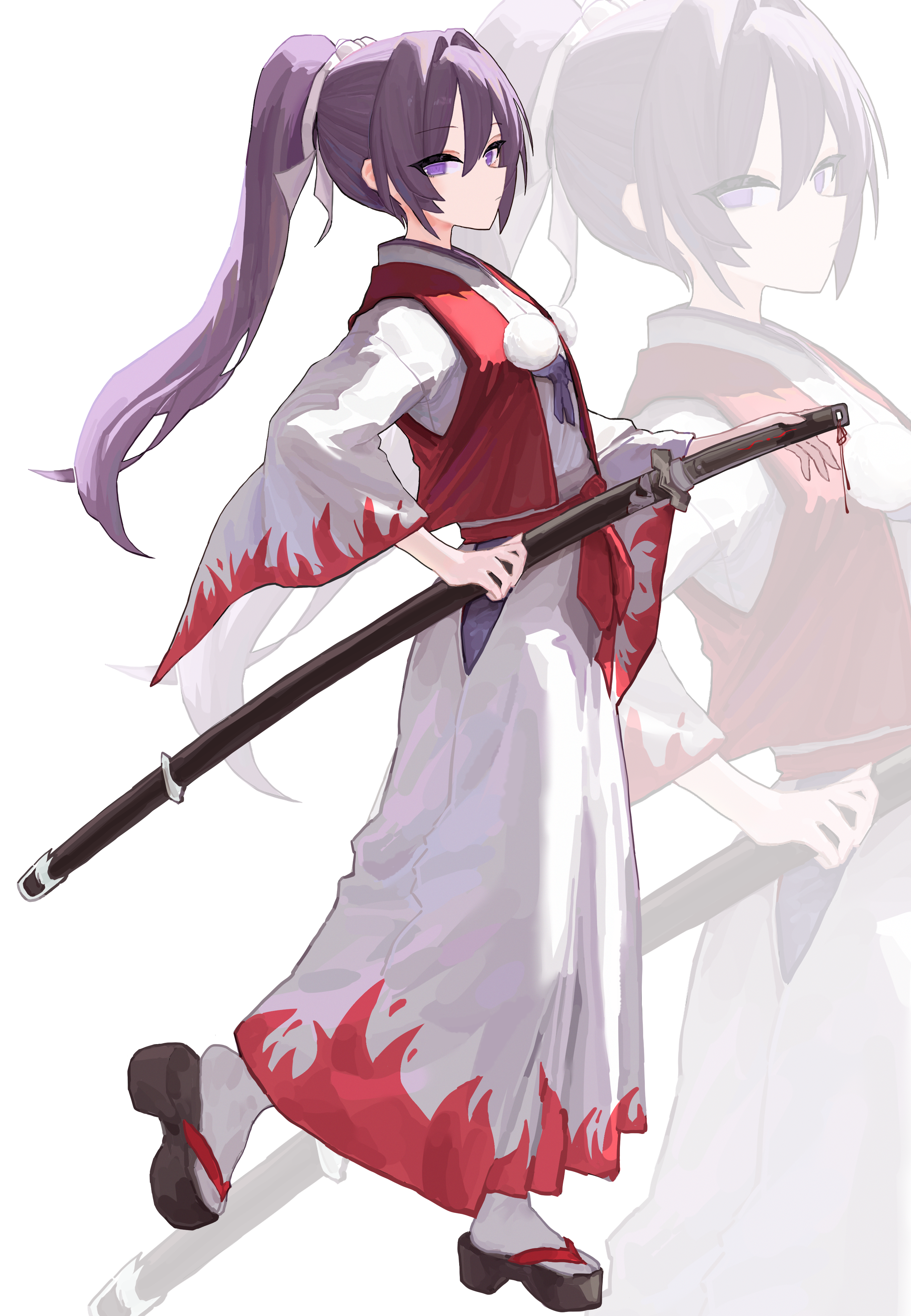 funengliang (naidesu), meira (touhou), touhou, touhou (pc-98), absurdres, highres, 1girl, expressionless, full body, hair intakes, hair ribbon, hakama, hakama skirt, holding, holding sword, holding weapon, japanese clothes, katana, kimono, long hair, long skirt, long sleeves, looking at viewer, obi, pom pom (clothes), ponytail, purple eyes, purple hair, red vest, ribbon, sandals, sash, sheath, sheathed, skirt, socks, solo, sword, tabi, vest, walking, weapon, white background, white hakama, white kimono, white ribbon, white socks, wide sleeves, zoom layer