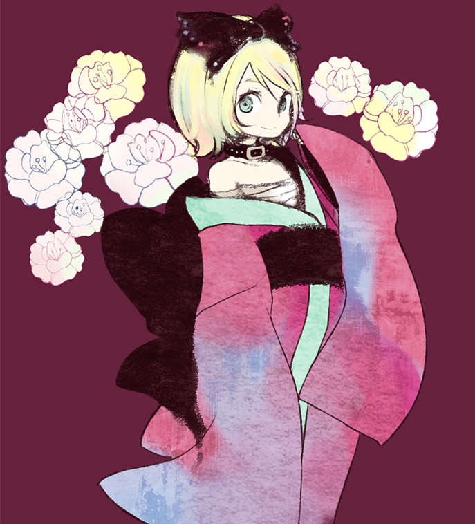 tomoya (artist), kagamine rin, iroha uta (vocaloid), vocaloid, bad id, bad pixiv id, aqua eyes, blonde hair, collar, flower, hair ribbon, japanese clothes, ribbon, sarashi, short hair, smile, solo