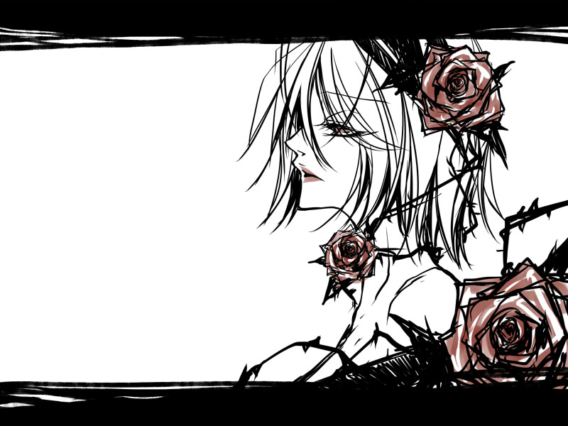 shiinoyuko, kagamine rin, iroha uta (vocaloid), vocaloid, 1girl, female focus, flower, letterboxed, lipstick, makeup, monochrome, red eyes, red flower, red rose, rose, short hair, simple background, solo, spot color, thorns