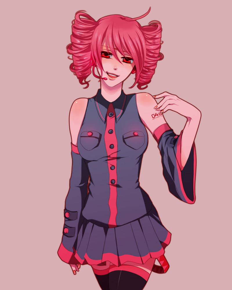 wii hola, kasane teto, kasane teto (utau), utau, vocaloid, bad id, bad pixiv id, 1girl, aged up, ahoge, detached sleeves, drill hair, female focus, headphones, headset, microphone, red eyes, red hair, simple background, skirt, solo, thighhighs, twin drills, twintails