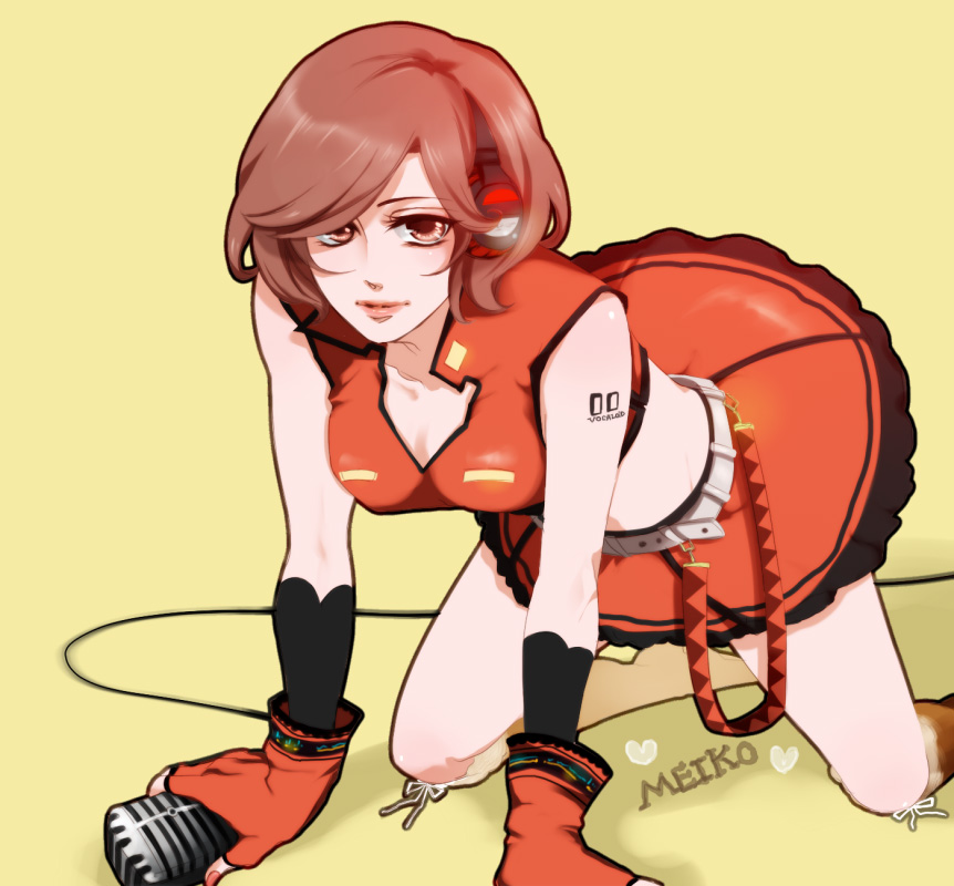 wii hola, meiko (vocaloid), sakine meiko, vocaloid, bad id, bad pixiv id, 1girl, all fours, belt, boots, brown eyes, brown hair, female focus, fingerless gloves, gloves, headphones, midriff, nail polish, orange nails, short hair, skirt, solo