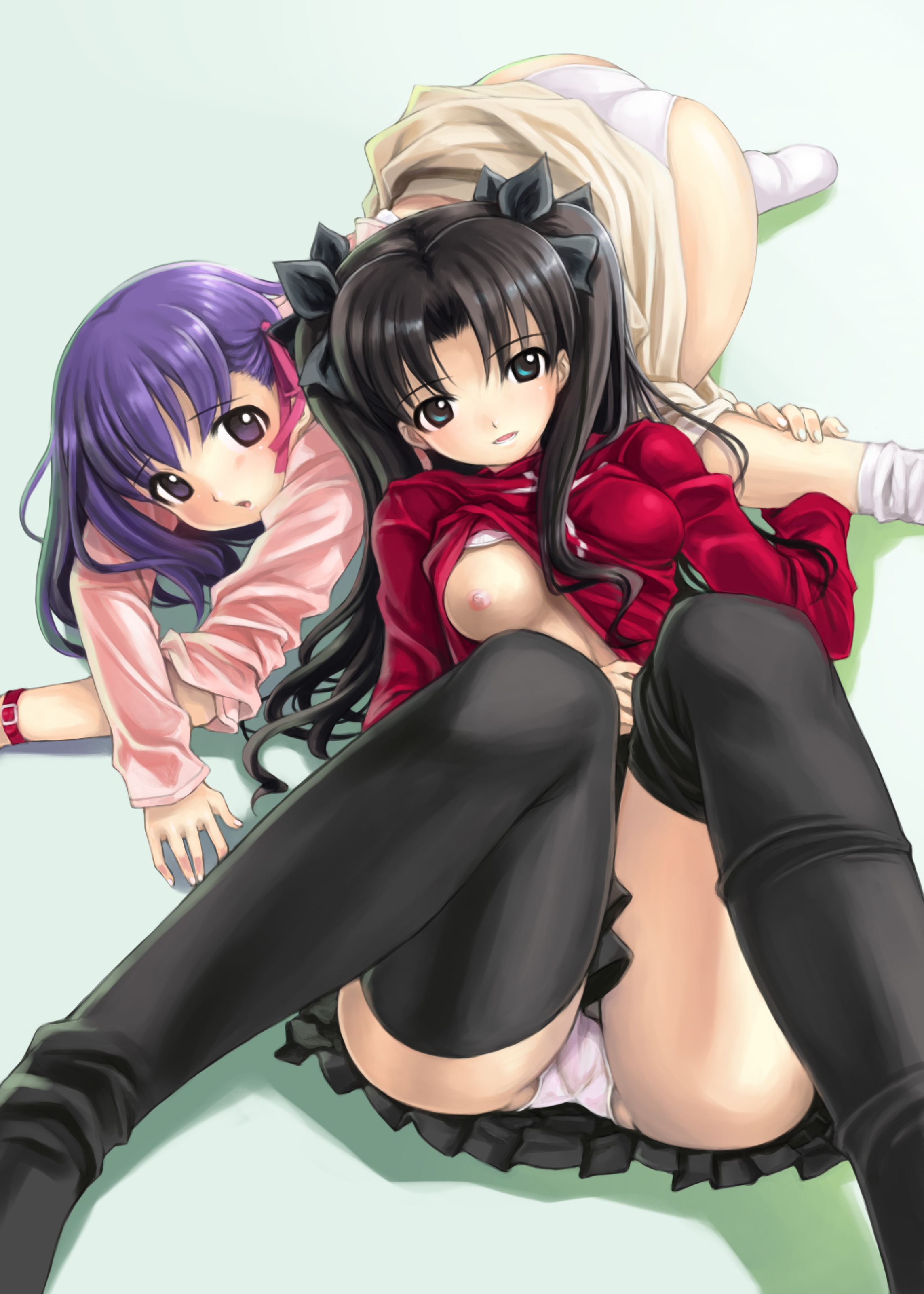 mikazuki akira!, matou sakura, tohsaka rin, fate/stay night, fate (series), absurdres, highres, 00s, 2girls, ass, black eyes, black thighhighs, breasts, clothes lift, hair ribbon, legs, long hair, long legs, miniskirt, multiple girls, nipples, open clothes, open shirt, panties, pantyshot, purple hair, ribbon, shirt, shirt lift, siblings, sisters, sitting, skirt, thighhighs, top-down bottom-up, turtleneck, twintails, two side up, underwear, white panties