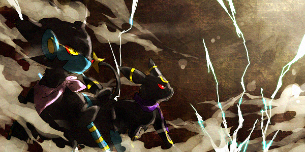 kikuseki, luxray, umbreon, nintendo, pokemon, bad id, bad pixiv id, electricity, gen 2 pokemon, gen 4 pokemon, lightning, neon trim, no humans, pokemon (creature)