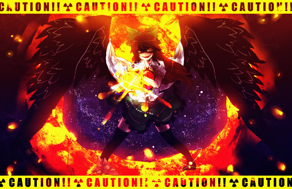 kikuseki, reiuji utsuho, touhou, bad id, bad pixiv id, 1girl, black thighhighs, black wings, bow, brown hair, cape, caution tape, female focus, fire, hair bow, long hair, red eyes, skirt, solo, thighhighs, wings